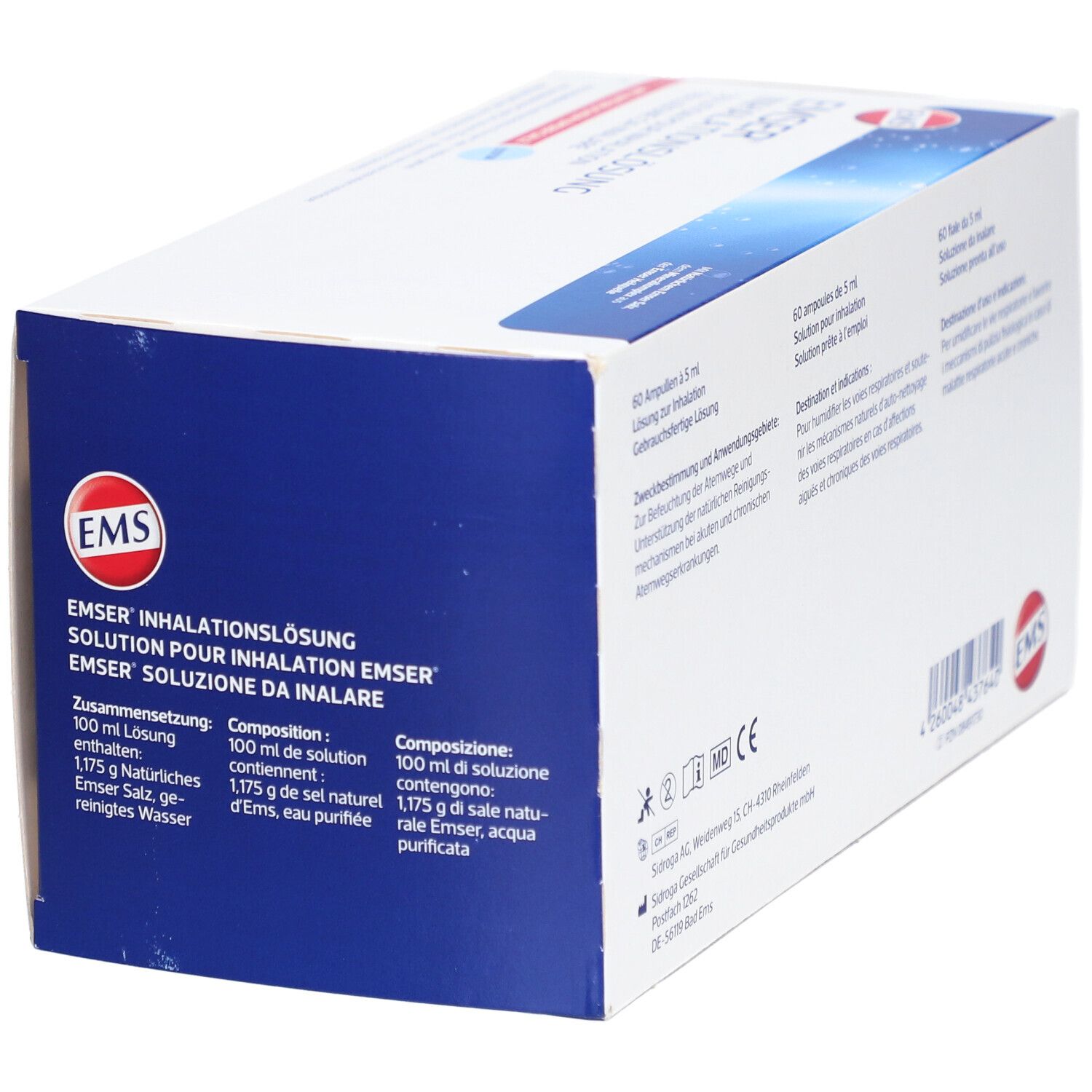 Zijaanzicht van de verpakking van EMSER inhalatieoplossing. Tekst in het Duits, Frans en Italiaans. 100 ml oplossing.