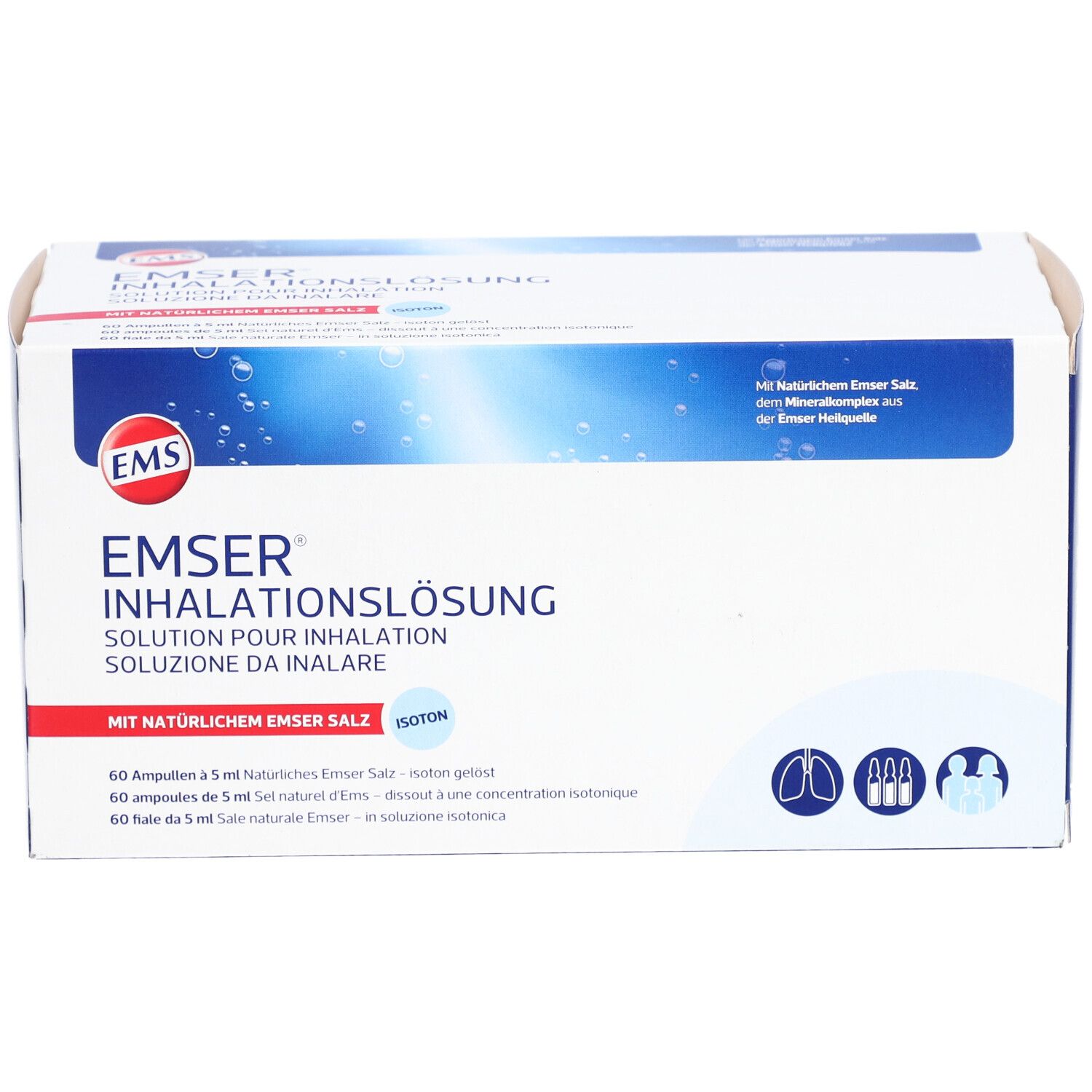 Doos EMSER inhalatieoplossing. Opschrift: Solution pour inhalation, soluzione da inalare. 60 ampullen.