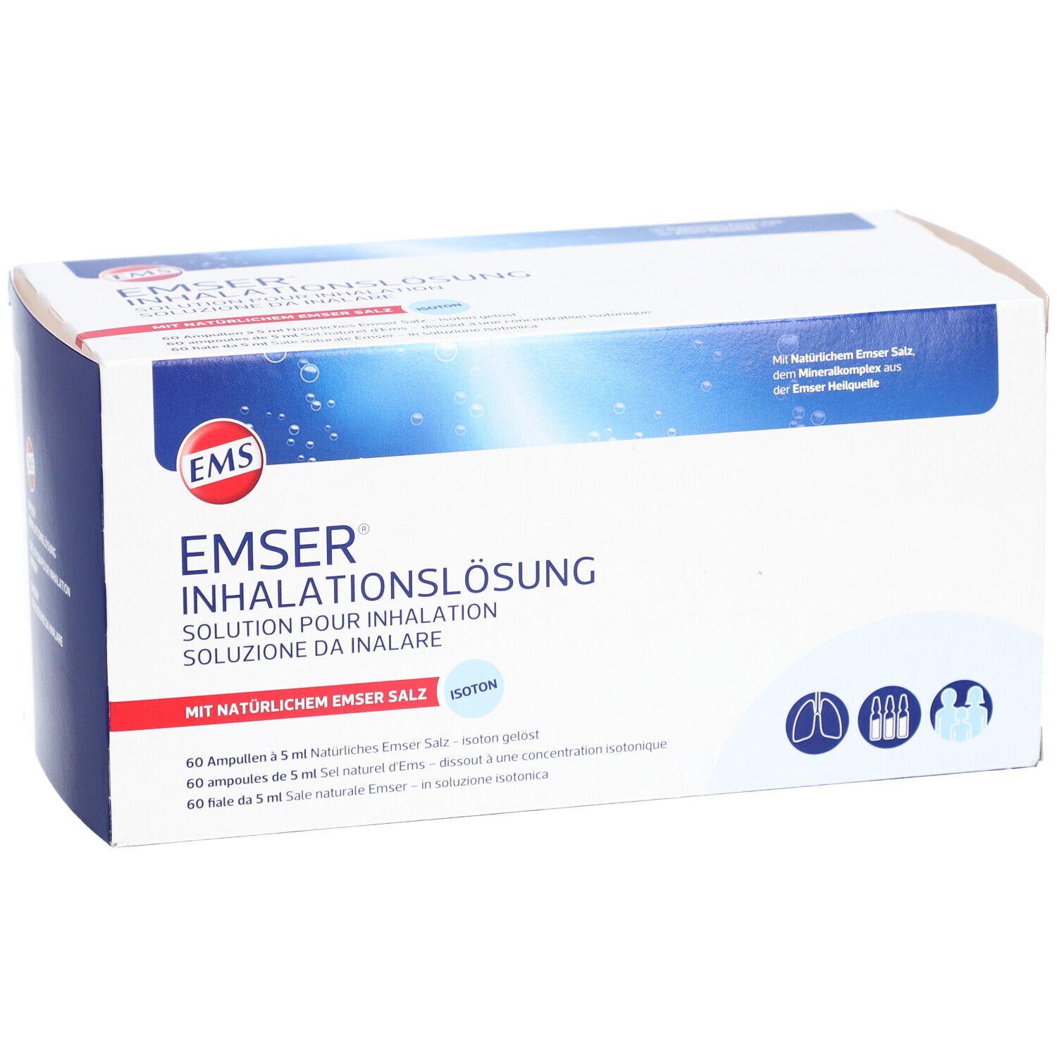 Doos EMSER inhalatieoplossing. Opschrift: Solution pour inhalation, soluzione da inalare. 60 ampullen.