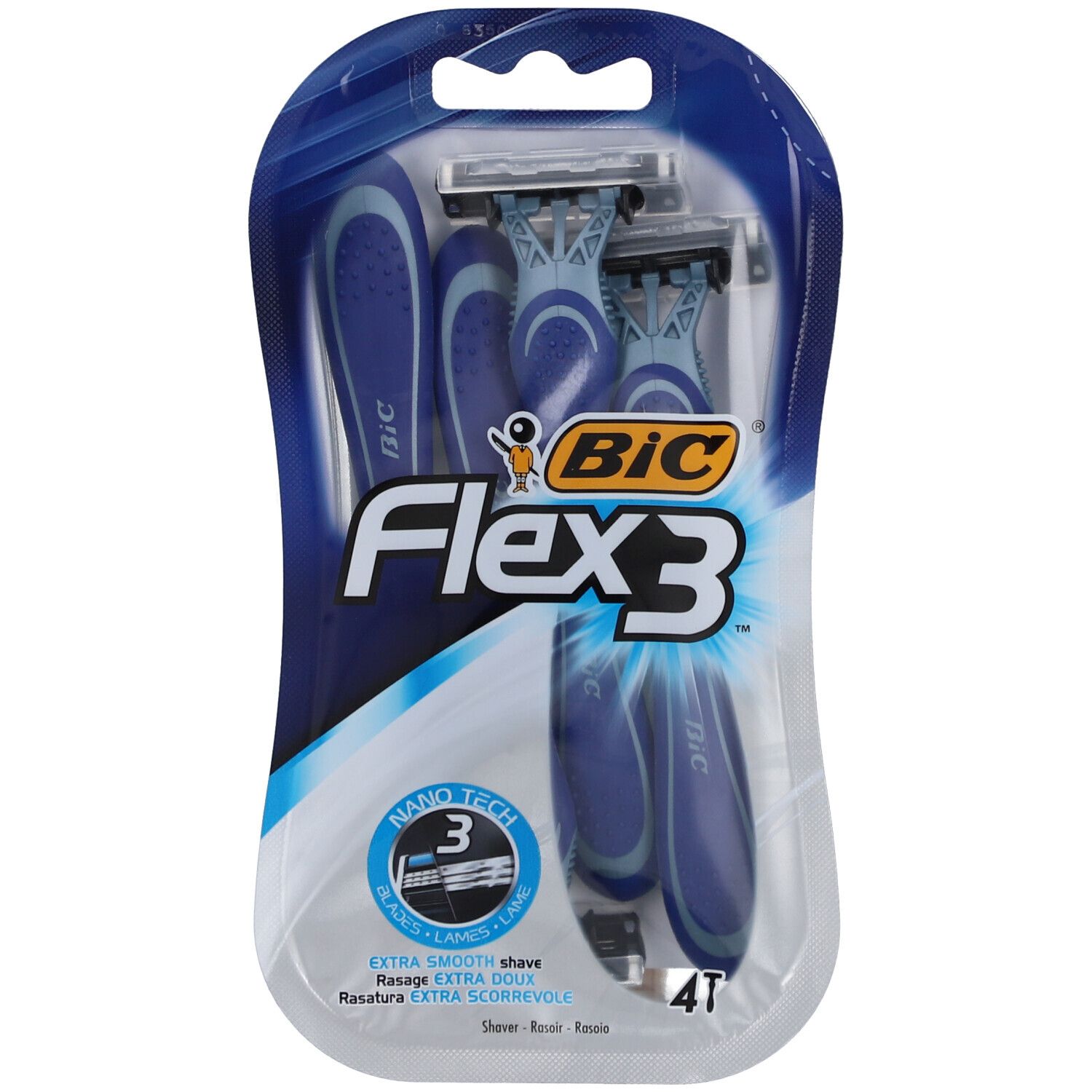 Paquet de quatre rasoirs. Manches bleues, trois lames. Marque : BiC Flex 3. Lames Nano-Tech.