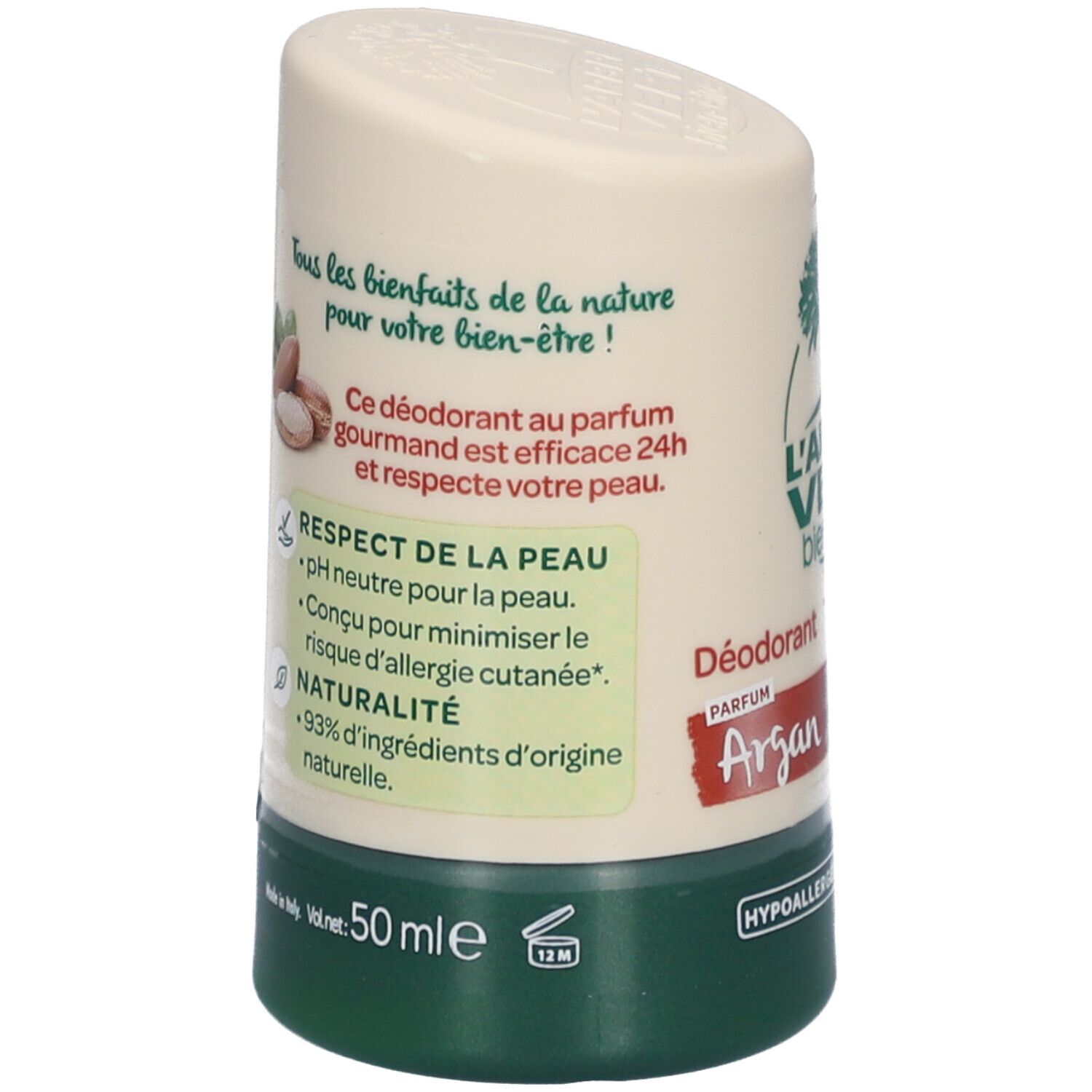 Stick de déodorant, dos avec texte. Contient des informations sur les ingrédients et la tolérance cutanée. 50 ml.