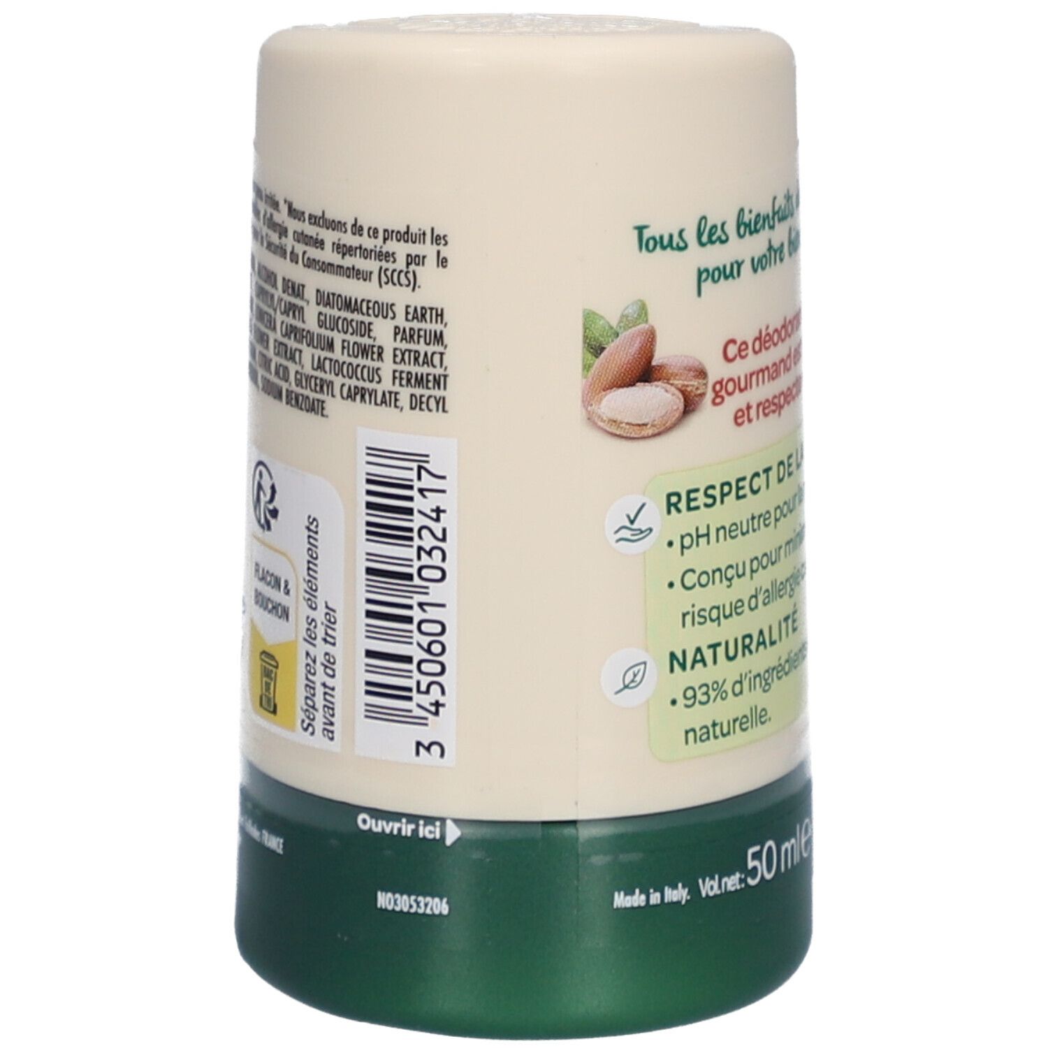 Stick de déodorant, dos avec texte et symboles de recyclage. Contient des informations sur les ingrédients et la tolérance cutanée. 50 ml.