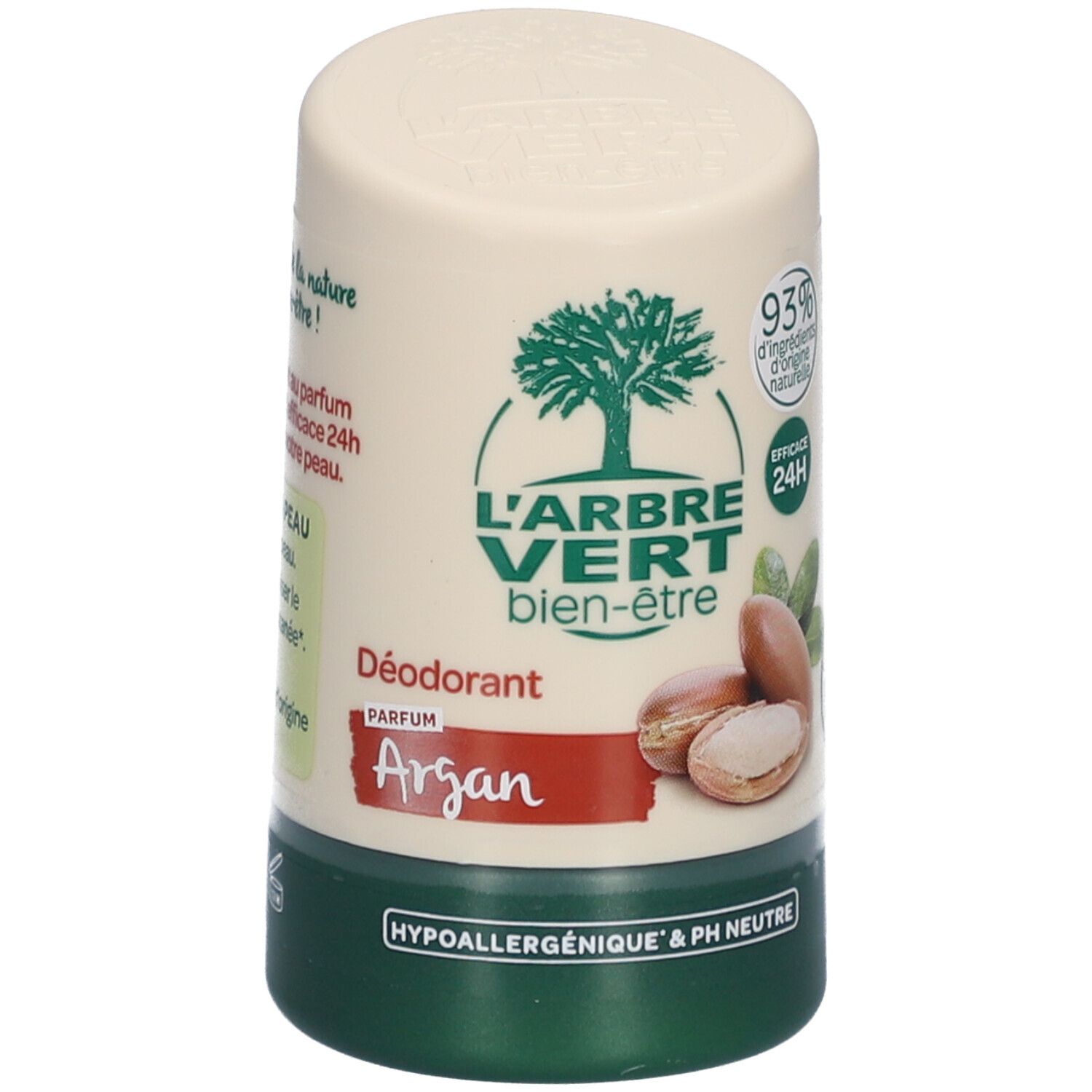 Stick de déodorant avec base et couvercle verts. Inscription : L'ARBRE VERT, bien-être, Argan. Illustration de fruits d'argan.