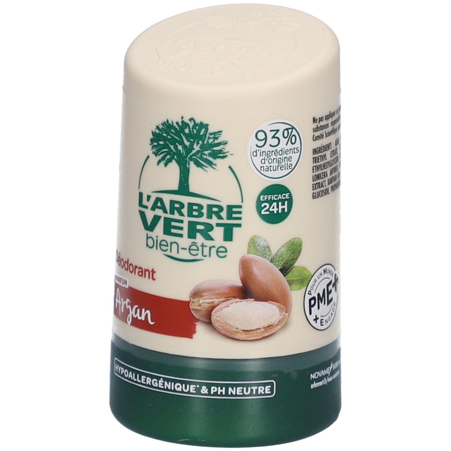 Stick de déodorant avec base et couvercle verts. Inscription : L'ARBRE VERT, bien-être, Argan. Illustration de fruits d'argan.