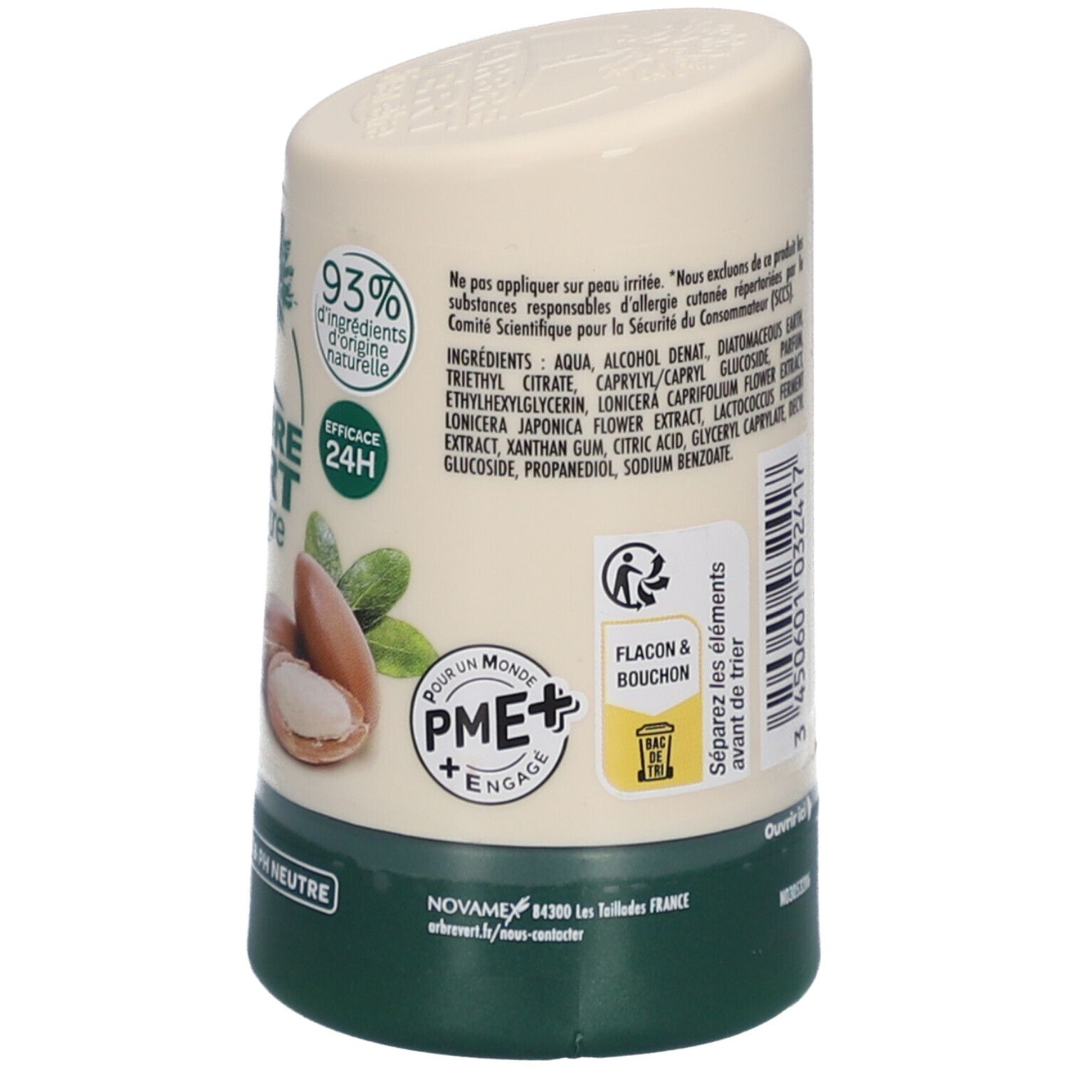 Stick de déodorant, dos avec texte et symboles de recyclage. Contient des informations sur les ingrédients et la tolérance cutanée. 50 ml.