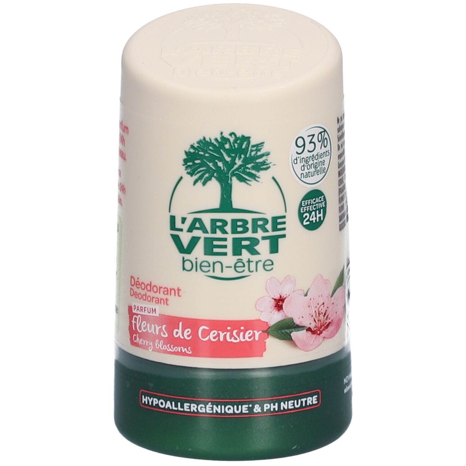Deo-roller met L'ARBRE VERT logo, kersenbloesem design. Groen-witte verpakking. Tekst: Hypoallergeen & pH neutraal.