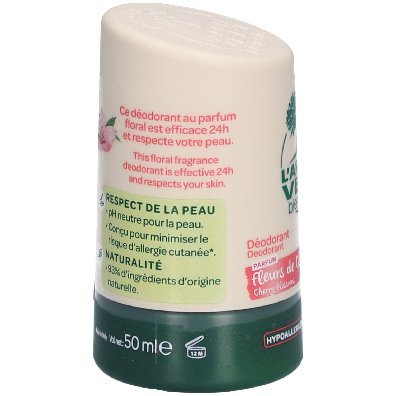 Achterkant deo-roller. Tekst: 24u effectief, pH-neutraal, 93% ingrediënten van natuurlijke oorsprong. Kersenbloesem design.