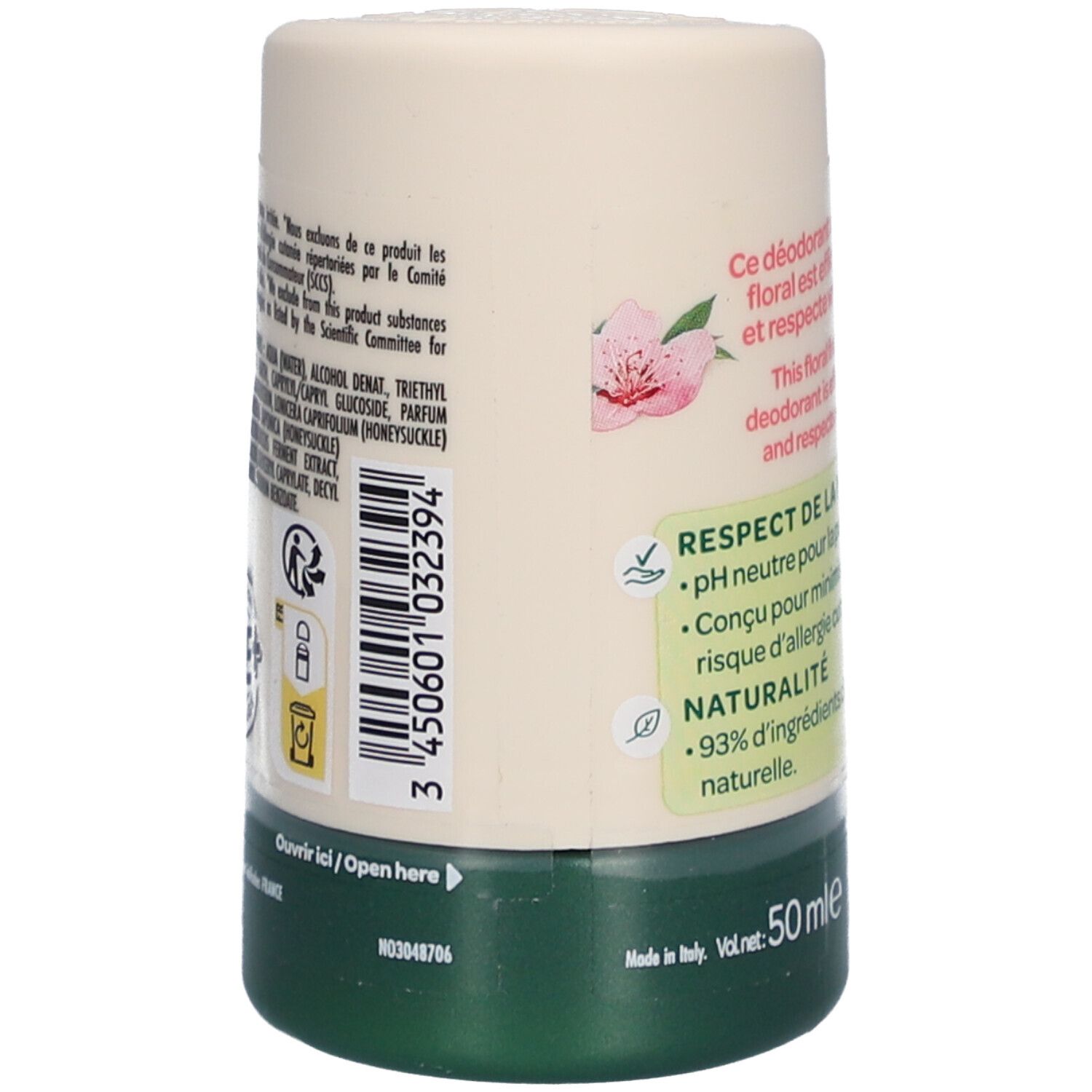 Achterkant deo-roller met barcode en ingrediënten. Tekst: pH-neutraal, 93% natuurlijke ingrediënten. Kersenbloesem design.