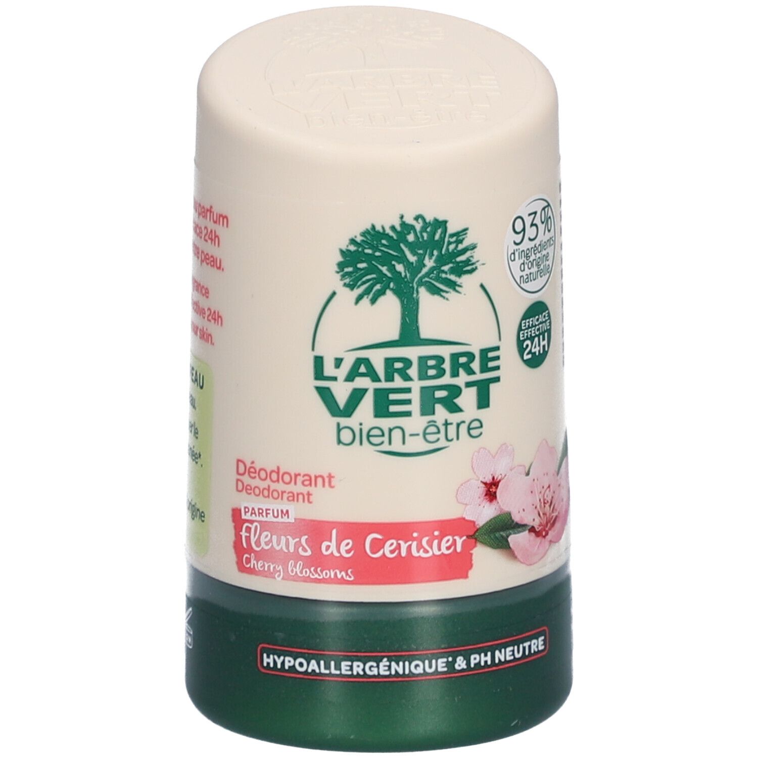 Deo-roller met L'ARBRE VERT logo, kersenbloesem design. Groen-witte verpakking. Tekst: Hypoallergeen & pH neutraal.
