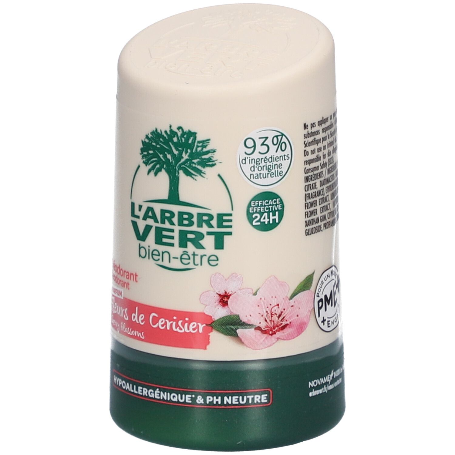 Deo-roller met L'ARBRE VERT logo, kersenbloesem design. Groen-witte verpakking. Tekst: Hypoallergeen & pH neutraal.