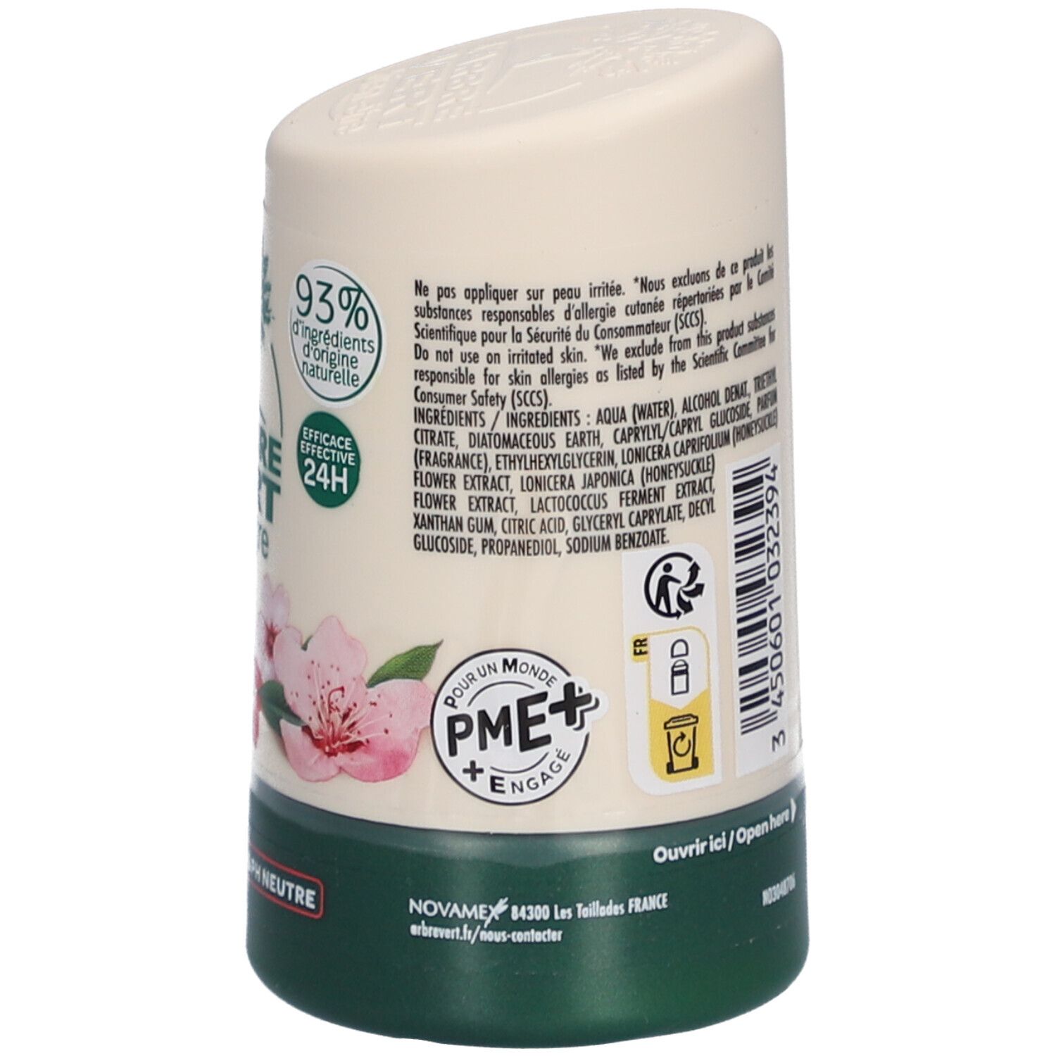 Achterkant deo-roller met ingrediënten en certificeringen. Tekst: pH-neutraal, 93% natuurlijke ingrediënten. Kersenbloesem design.