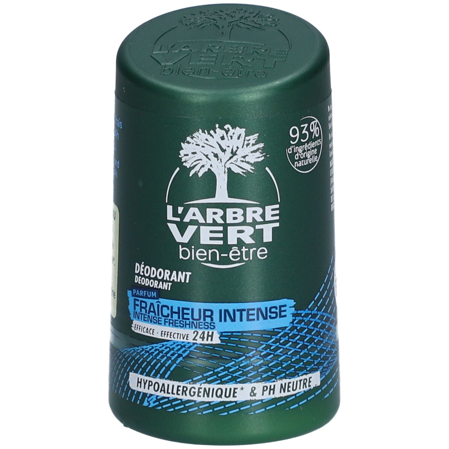 Groene deodorantstick met wit boomlogo. Tekst: L'Arbre Vert, Fraîcheur Intense, 24H. Hypoallergeen & pH neutraal. 93% natuurlijke ingrediënten.