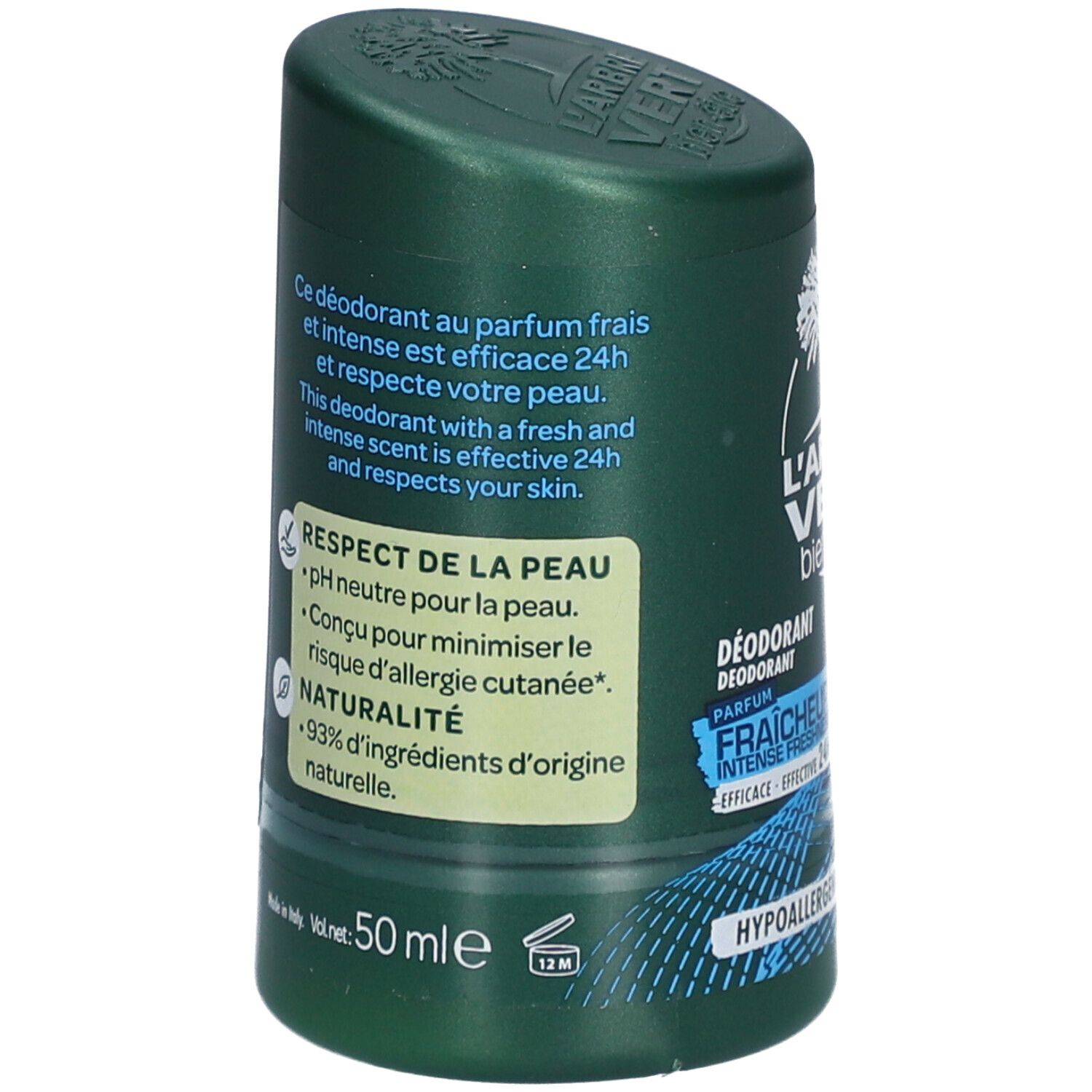 Groene deodorantstick. Tekst: L'Arbre Vert, Deodorant, Fraîcheur Intense, 24H. pH neutraal, 93% natuurlijke ingrediënten. 50 ml. Gemaakt in Italië.