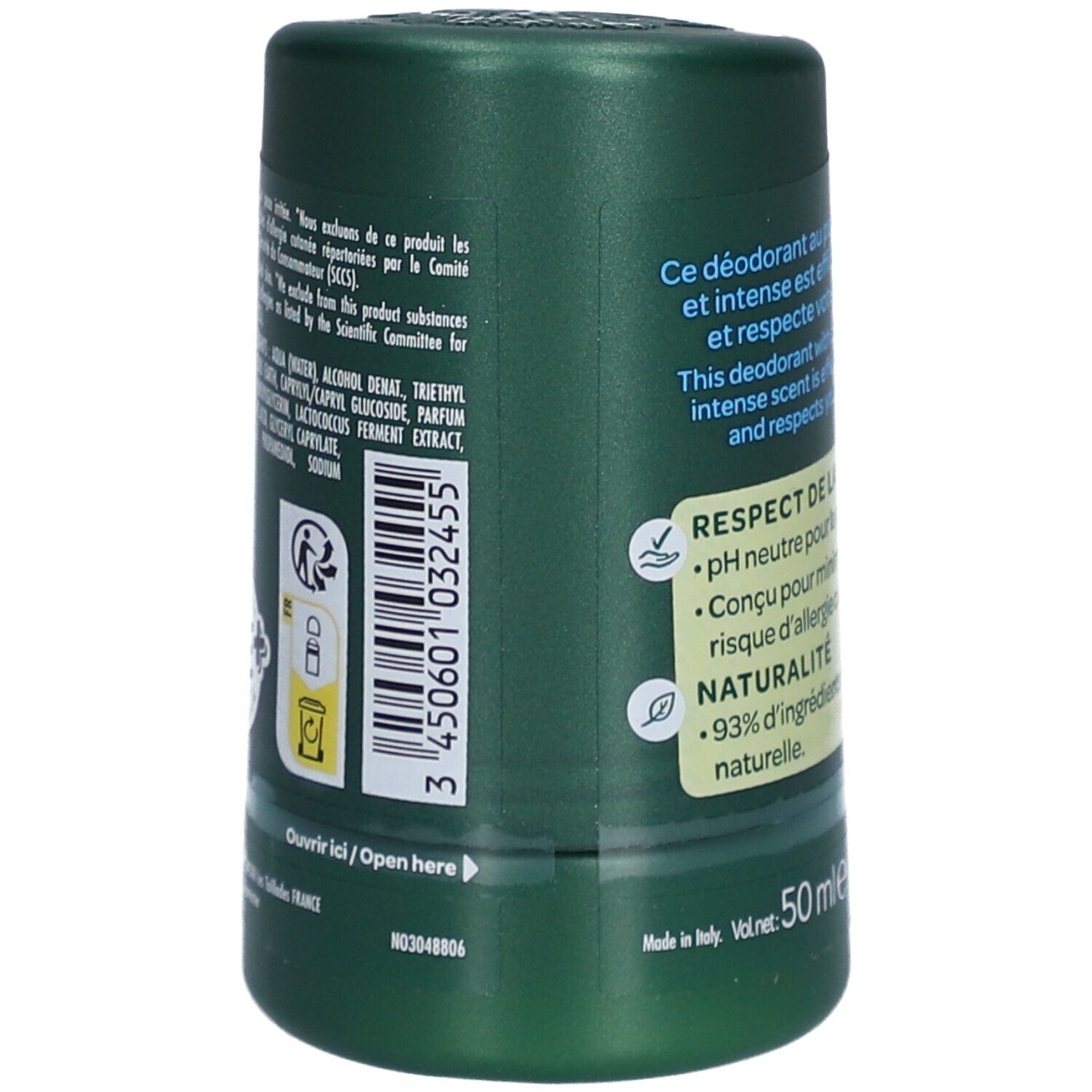 Groene deodorantstick. Tekst: L'Arbre Vert, Deodorant, Fraîcheur Intense, 24H. pH neutraal, 93% natuurlijke ingrediënten. 50 ml. Gemaakt in Italië.