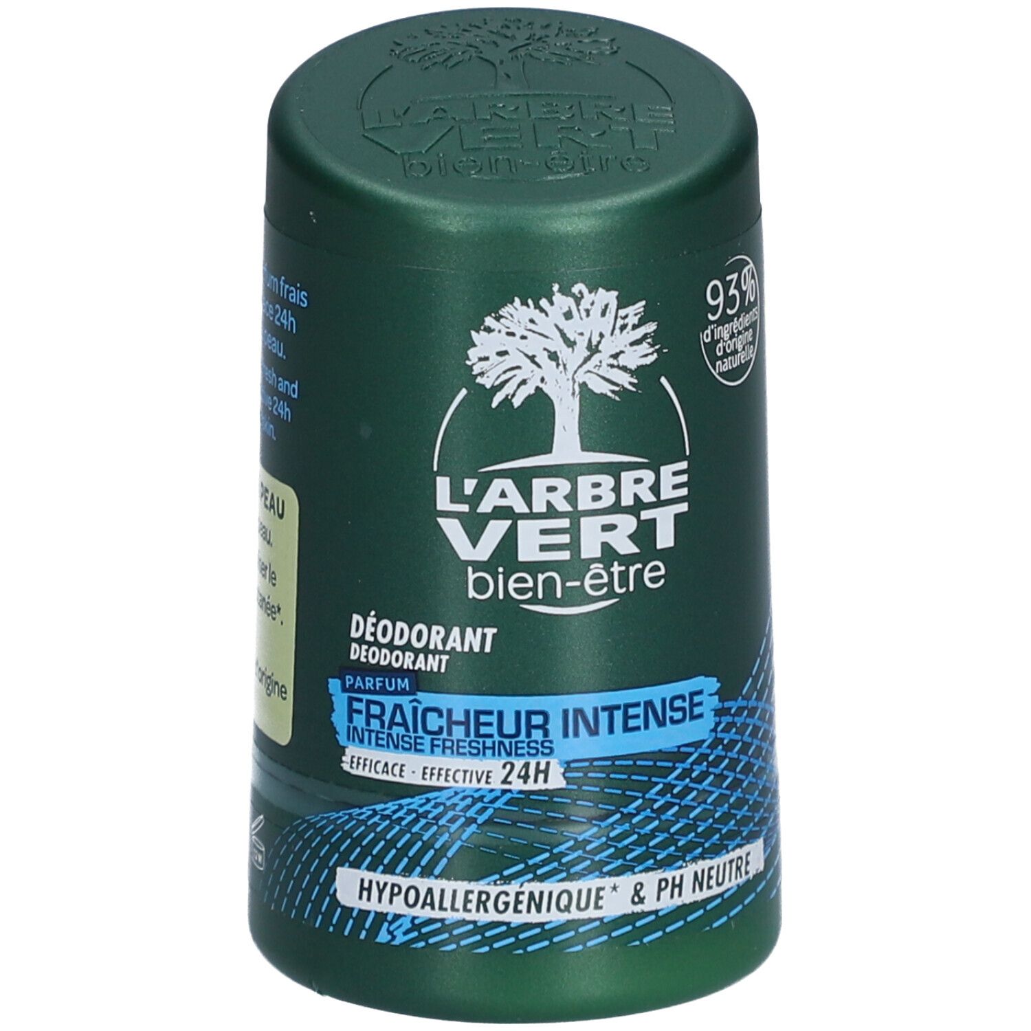Groene deodorantstick met wit boomlogo. Tekst: L'Arbre Vert, Fraîcheur Intense, 24H. Hypoallergeen & pH neutraal. 93% natuurlijke ingrediënten.