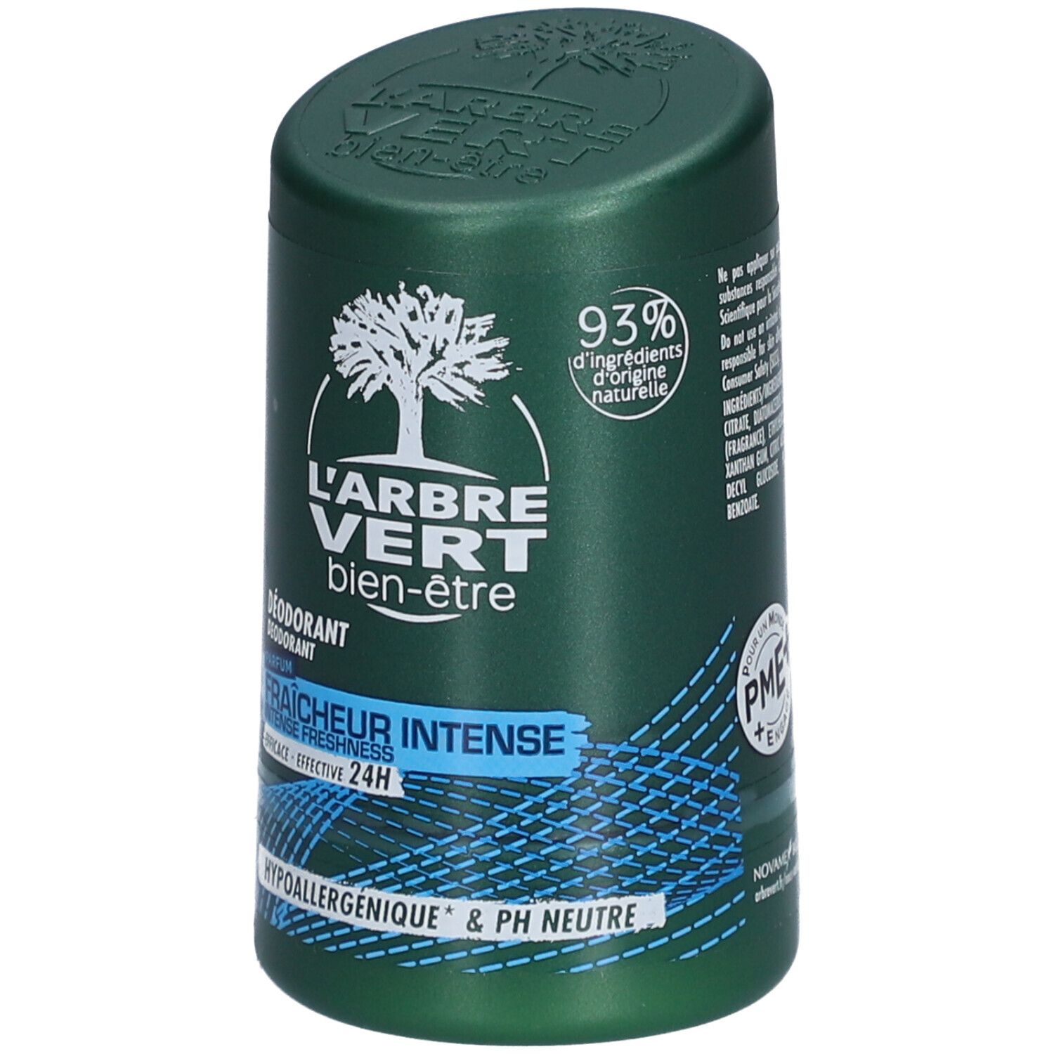 Groene deodorantstick met wit boomlogo. Tekst: L'Arbre Vert, Fraîcheur Intense, 24H. Hypoallergeen & pH neutraal. 93% natuurlijke ingrediënten.