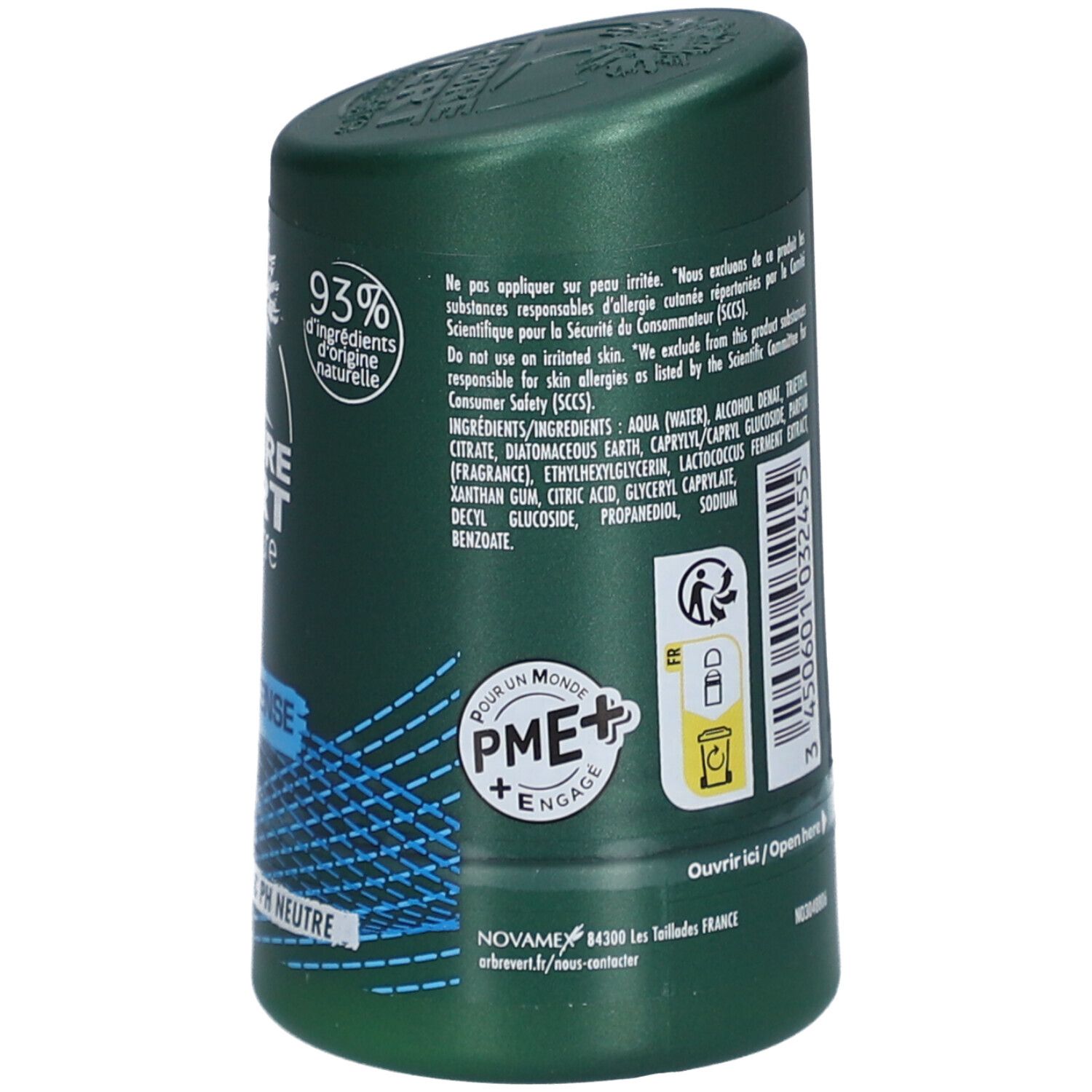 Groene deodorantstick. Tekst: L'Arbre Vert, Deodorant, Fraîcheur Intense, 24H. pH neutraal, 93% natuurlijke ingrediënten. 50 ml. Gemaakt in Italië.