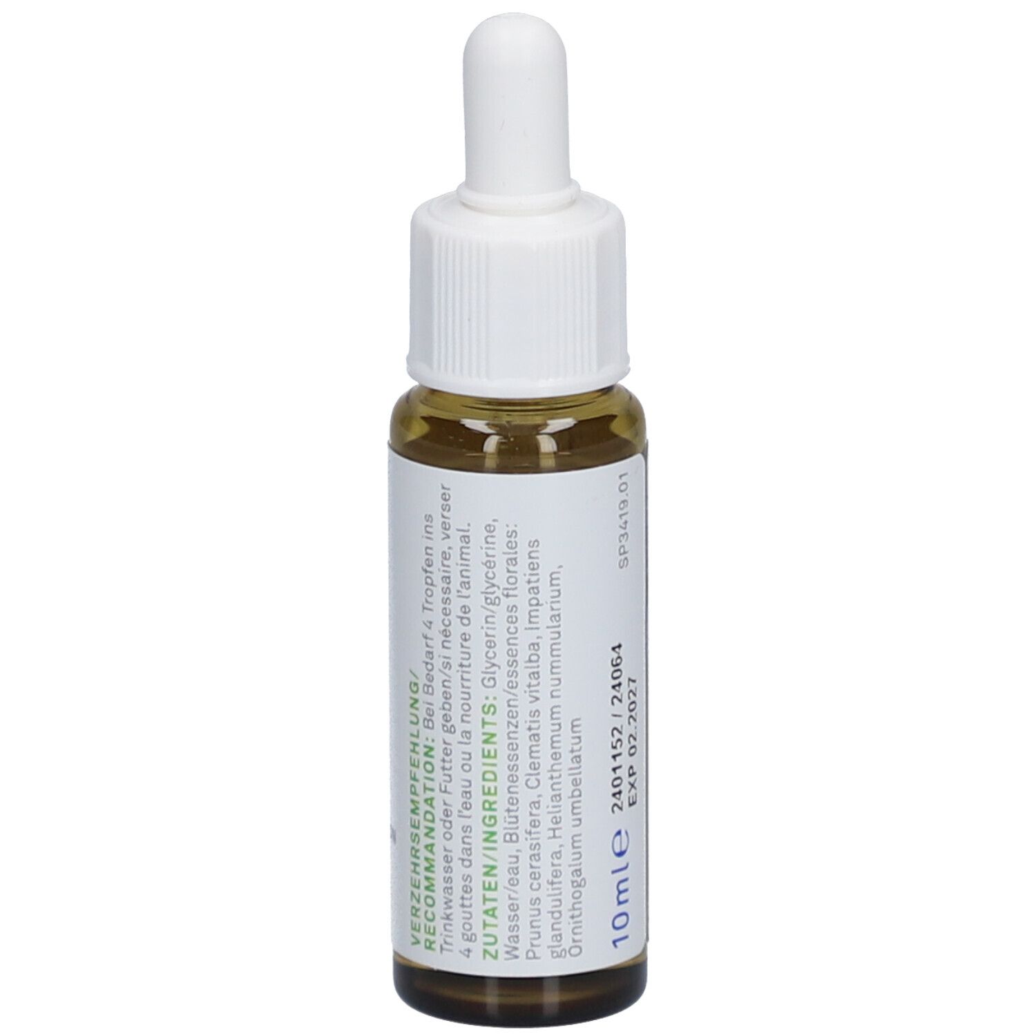 Flacon en verre brun avec bouchon blanc et pipette. Inscription: 10ml. Étiquette avec ingrédients et recommandation d'utilisation.