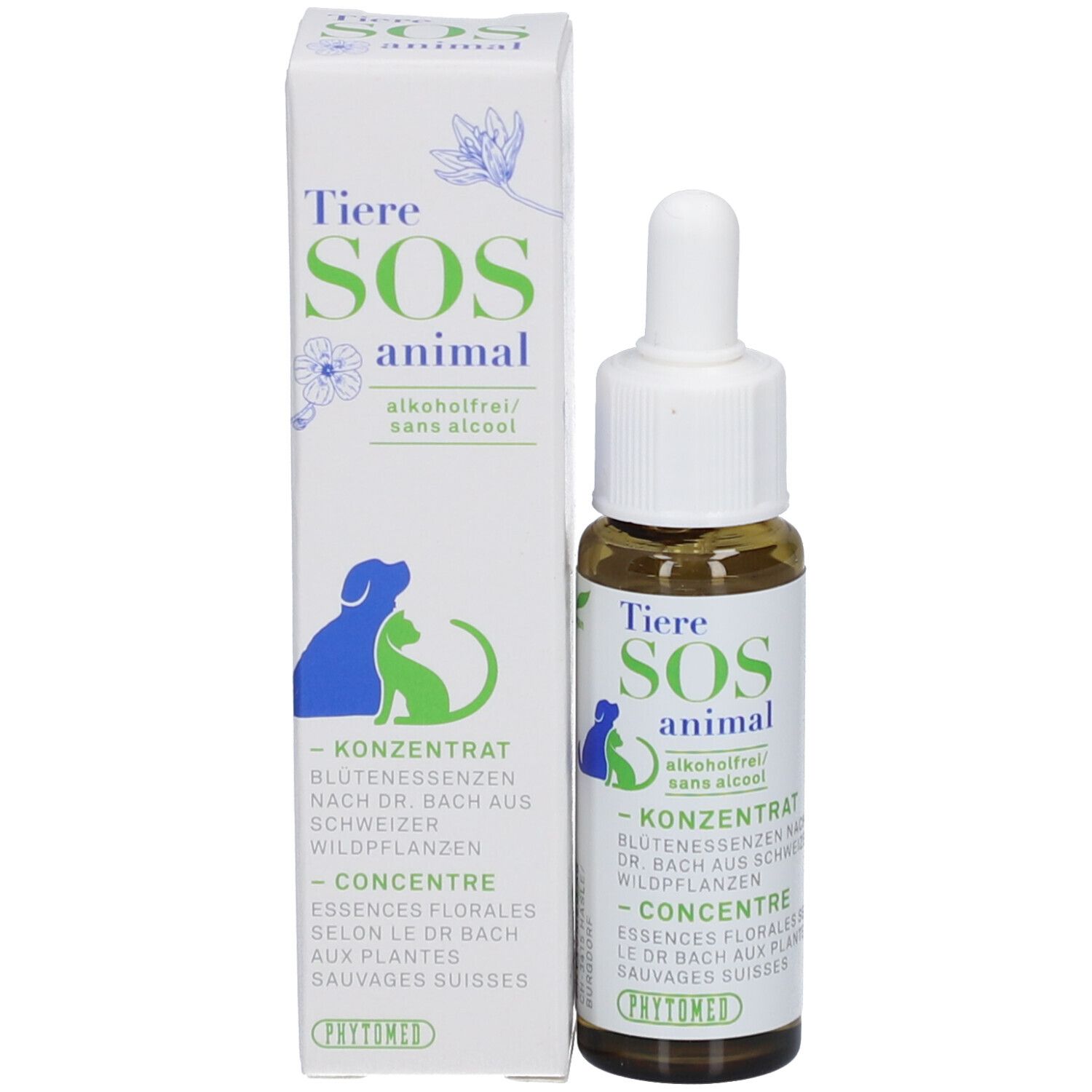 Flacon et emballage du produit. Inscription: Tiere SOS animal, sans alcool. Marque: Phytomed. Emballage avec illustrations.