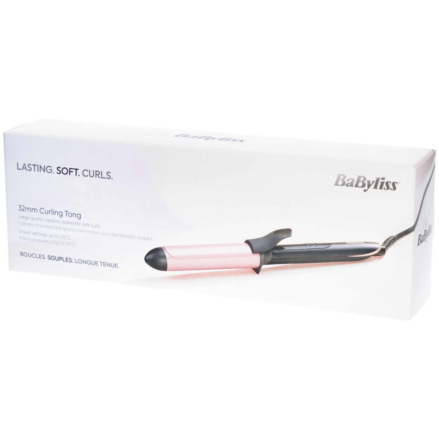 Babyliss Boucleur Titanium Brilliance 32mm in verpakking. Roze-zwarte krultang, 32mm. Opschrift: Lasting. Soft. Curls.