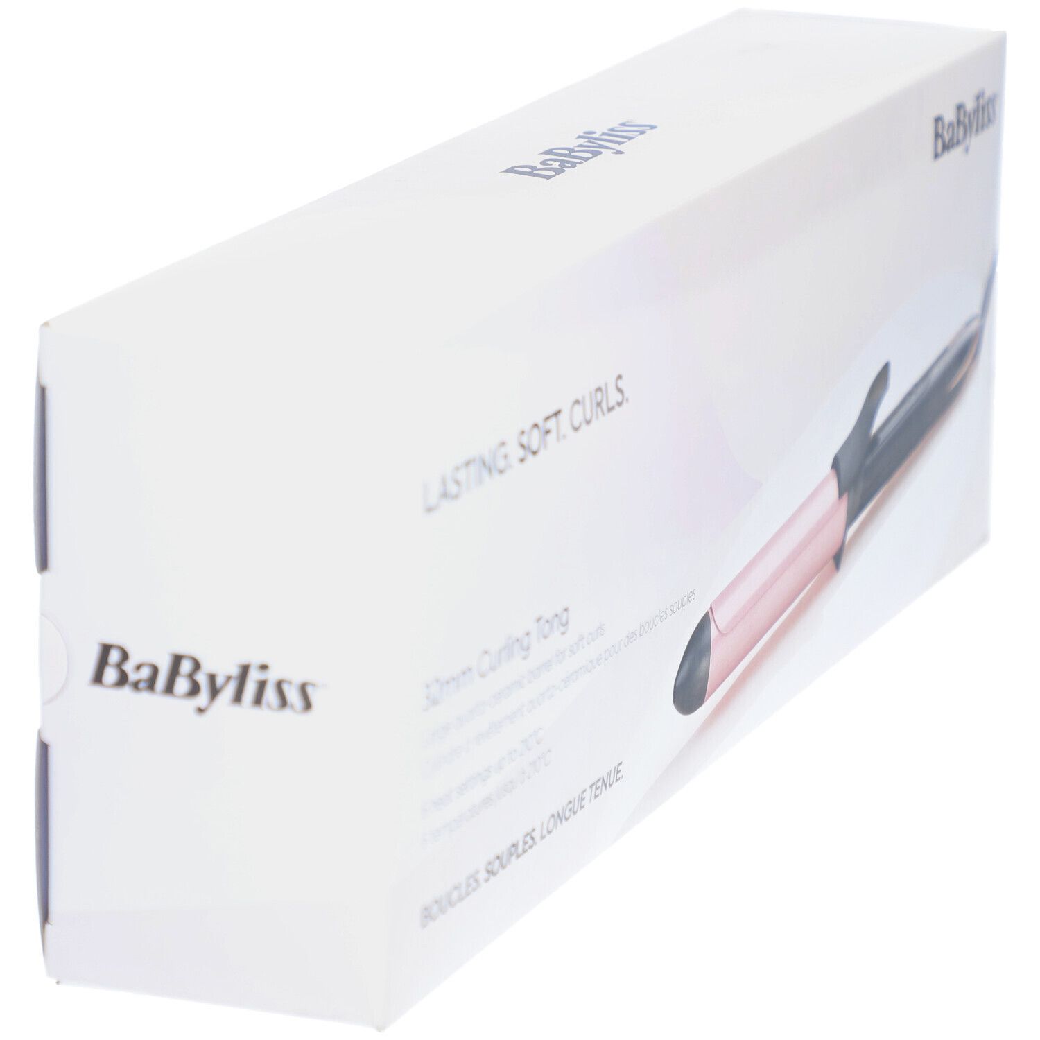 Verpakking van de Babyliss Boucleur Titanium Brilliance 32mm. Wit met productnaam en opschrift: Lasting. Soft. Curls.