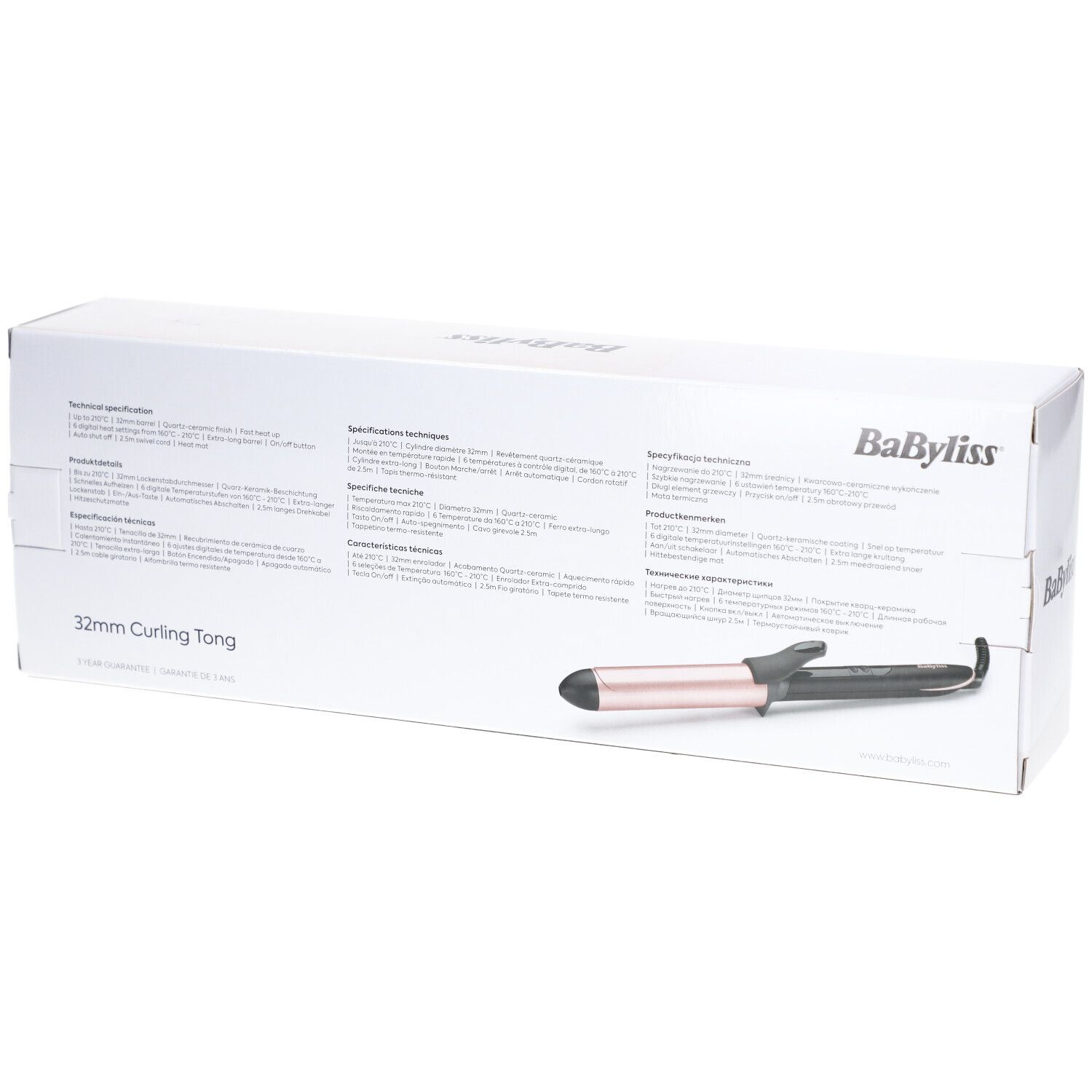 Achterkant van de verpakking van de Babyliss Boucleur Titanium Brilliance 32mm. Tekst in meerdere talen, product afgebeeld.