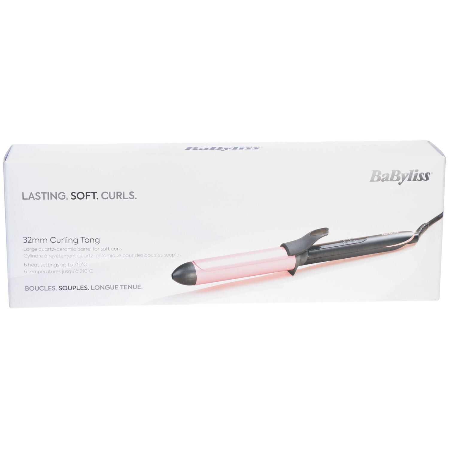 Babyliss Boucleur Titanium Brilliance 32mm in verpakking. Roze-zwarte krultang, 32mm. Opschrift: Lasting. Soft. Curls.
