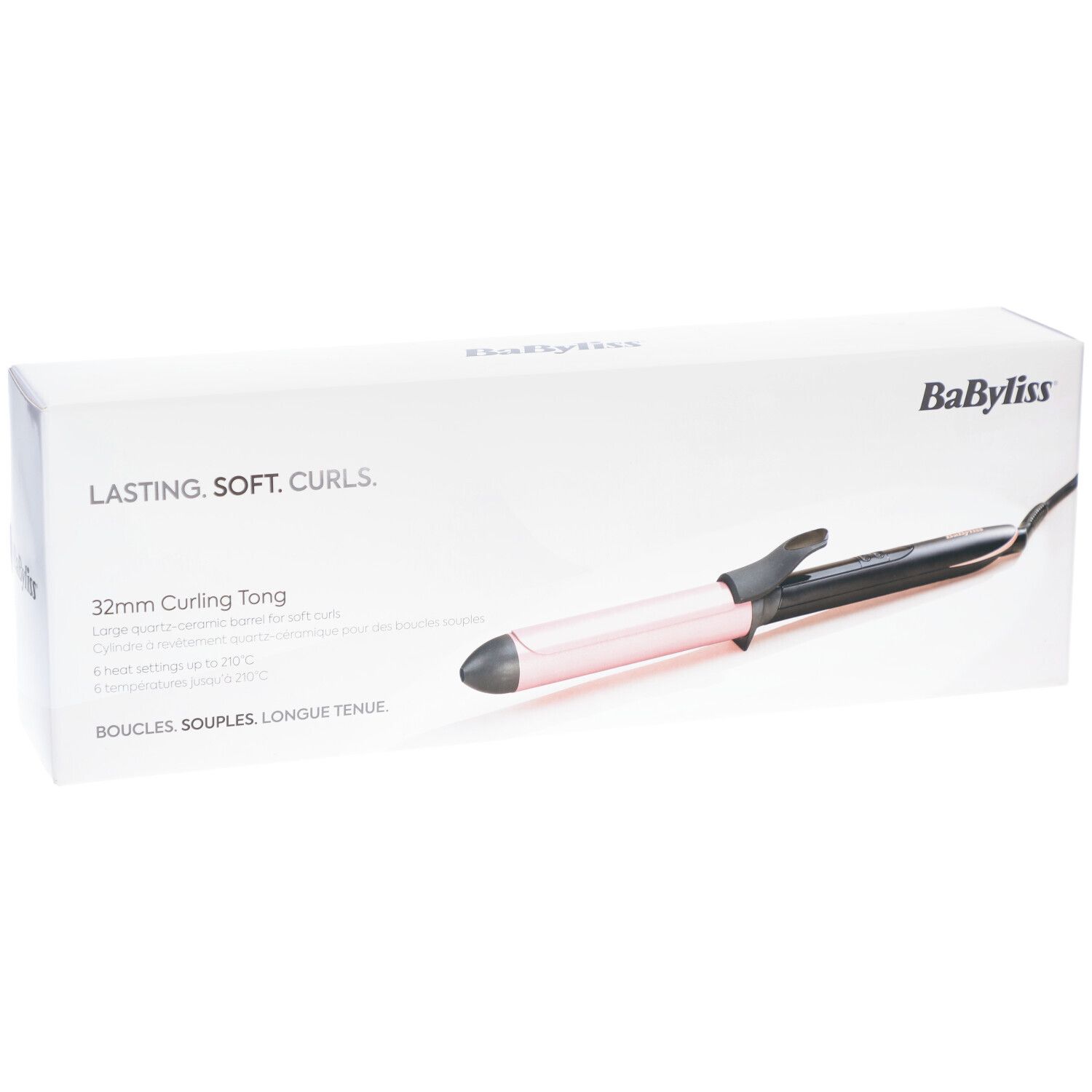 Babyliss Boucleur Titanium Brilliance 32mm in verpakking. Roze-zwarte krultang, 32mm. Opschrift: Lasting. Soft. Curls.