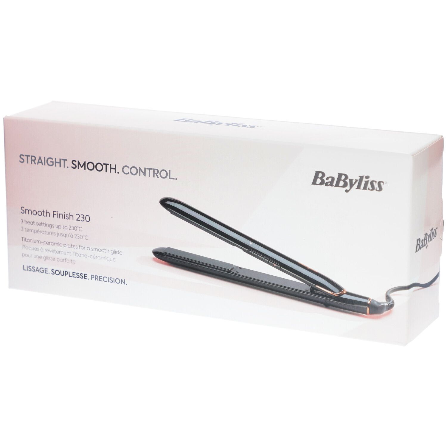 Boîte de lisseur. Inscription : STRAIGHT. SMOOTH. CONTROL. Marque : BaByliss. Modèle : Smooth Finish 230.
