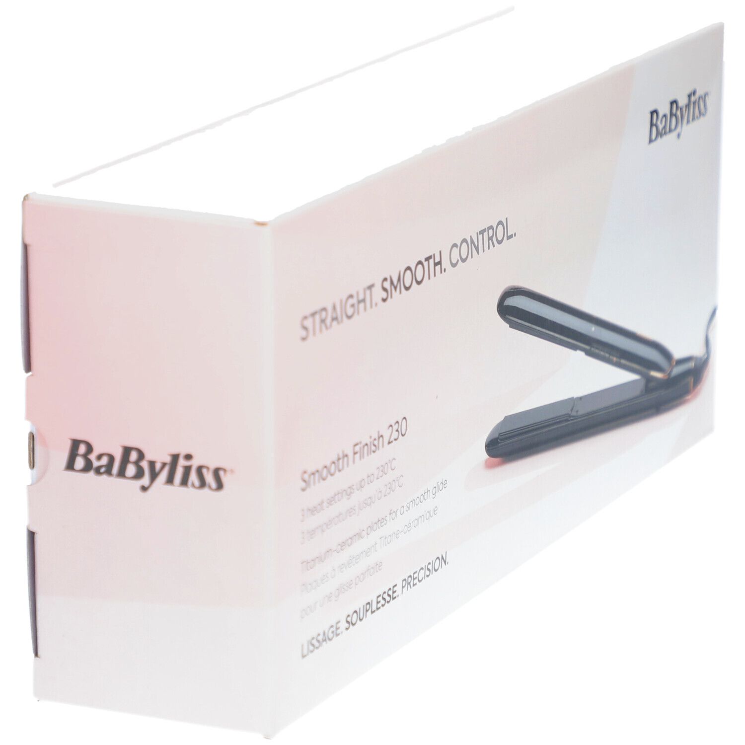 Boîte de lisseur. Inscription : STRAIGHT. SMOOTH. CONTROL. Marque : BaByliss. Modèle : Smooth Finish 230.