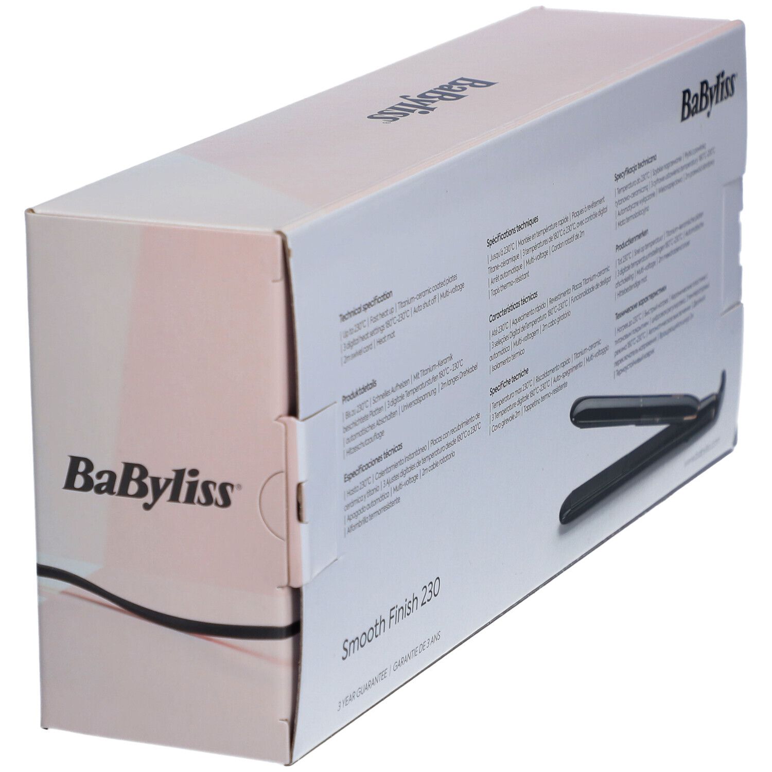 Boîte de lisseur. Marque : BaByliss. Modèle : Smooth Finish 230. Texte et illustration du produit.