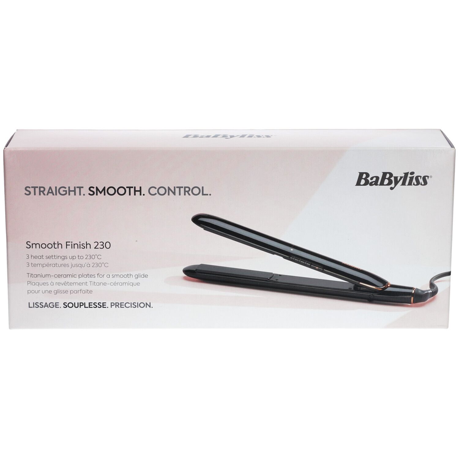 Boîte de lisseur. Inscription : STRAIGHT. SMOOTH. CONTROL. Marque : BaByliss. Modèle : Smooth Finish 230.