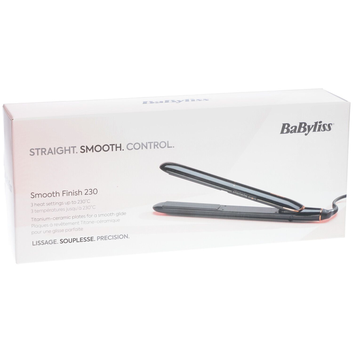 Boîte de lisseur. Inscription : STRAIGHT. SMOOTH. CONTROL. Marque : BaByliss. Modèle : Smooth Finish 230.