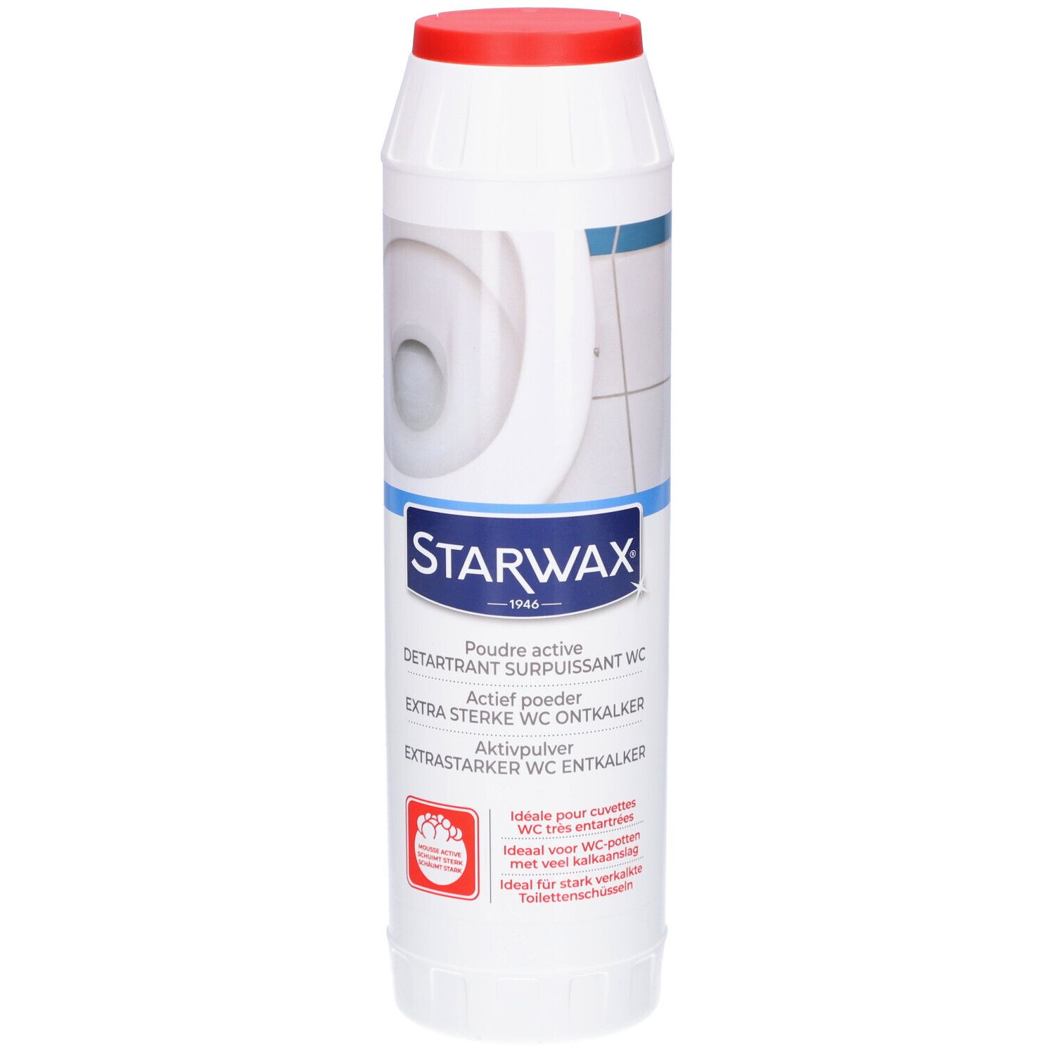 Witte fles met rode dop. Blauwe en witte etiketten met productnaam en logo. Illustratie van een toilet.