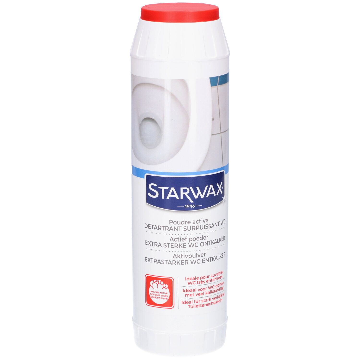 Witte fles met rode dop. Blauwe en witte etiketten met productnaam en logo. Illustratie van een toilet.