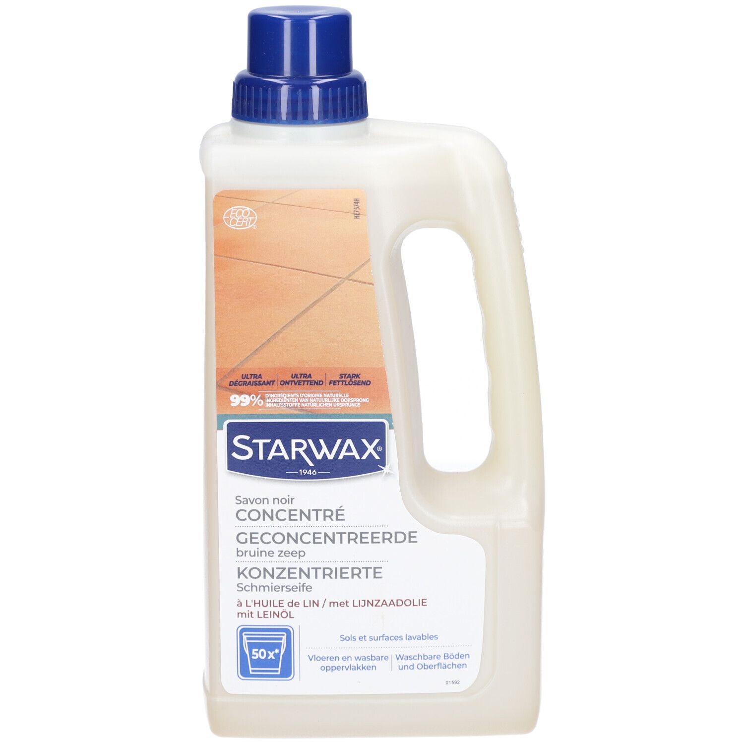 Bidon blanc avec bouchon bleu et poignée. Inscription STARWAX, savon noir concentré à l'huile de lin. 50x.