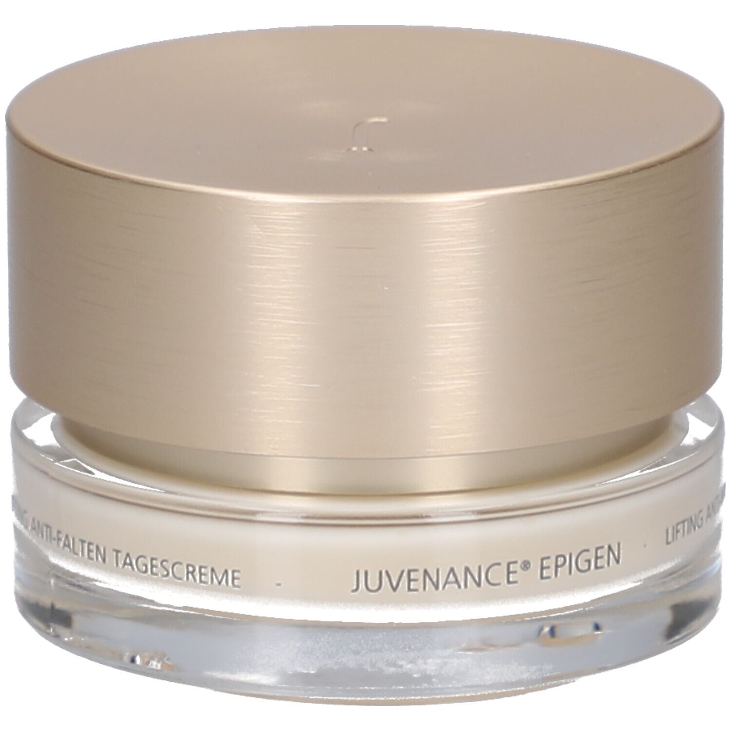 Pot de crème avec couvercle doré. Inscription: JUVENA OF SWITZERLAND. Nom du produit: Juvenance Epigen.