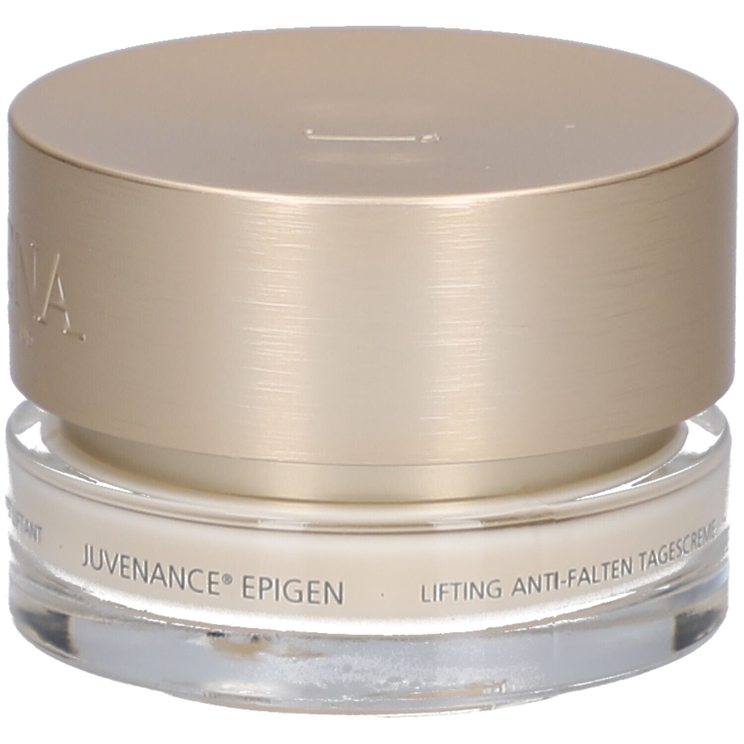 Pot de crème avec couvercle doré. Inscription: JUVENA OF SWITZERLAND. Nom du produit: Juvenance Epigen.