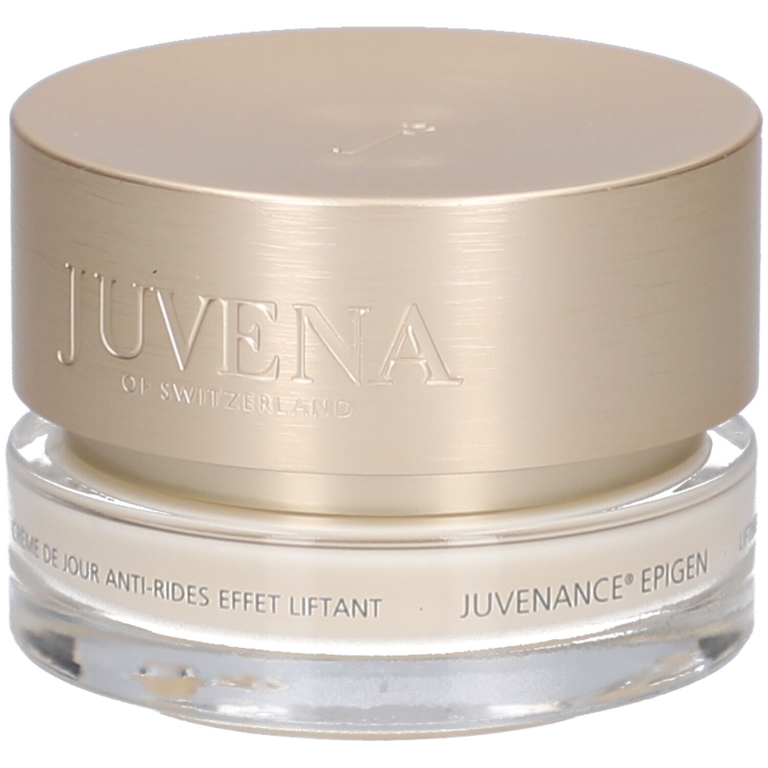 Pot de crème avec couvercle doré. Inscription: JUVENA OF SWITZERLAND. Nom du produit: Juvenance Epigen.