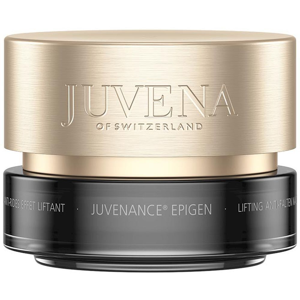 Crèmepot met gouden deksel. Opschrift: Juvena of Switzerland, Juvenance Epigen, Lifting Anti-Falten Nachtcreme.
