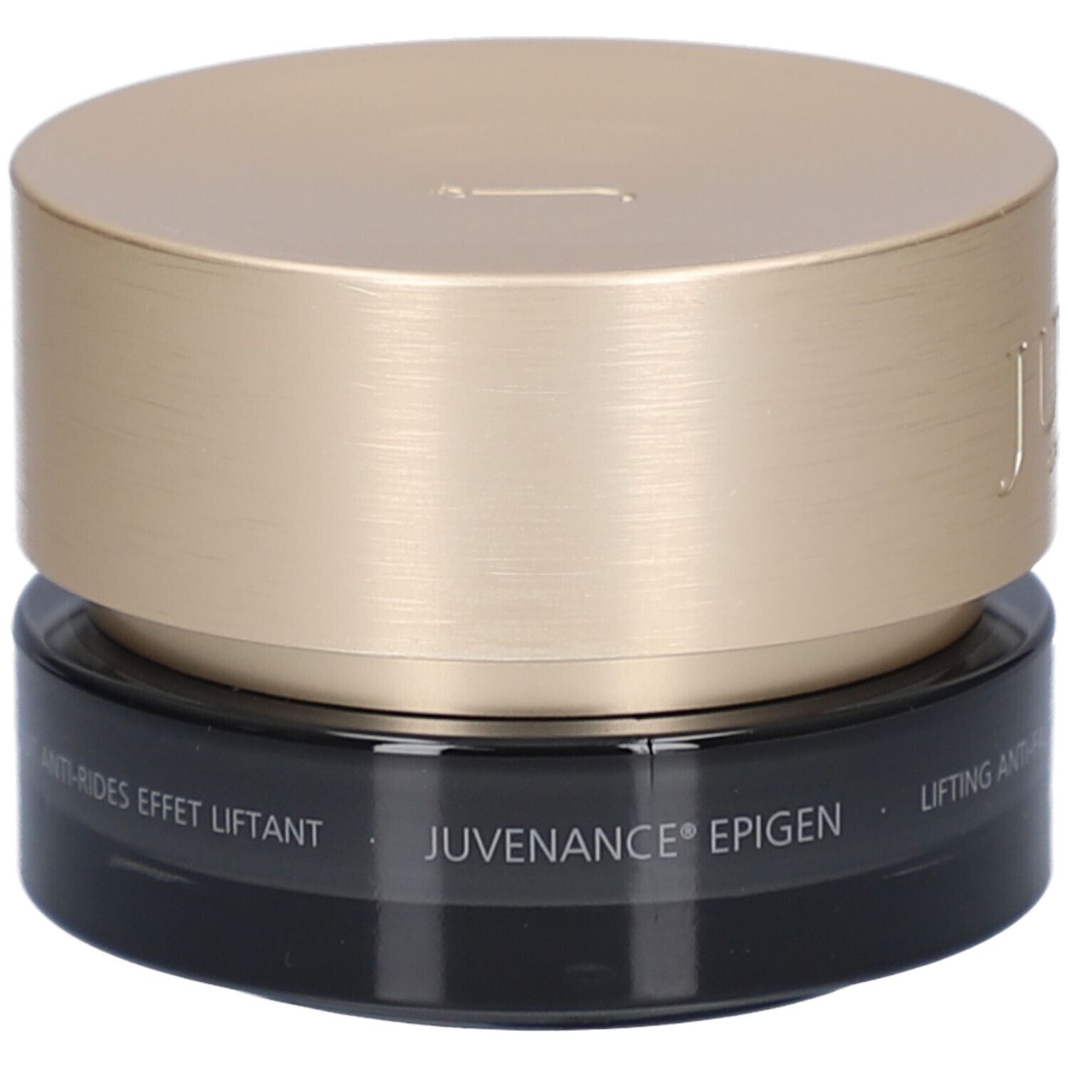 Crèmepot met gouden deksel. Opschrift: Juvena of Switzerland, Juvenance Epigen, Lifting Anti-Falten Nachtcreme.