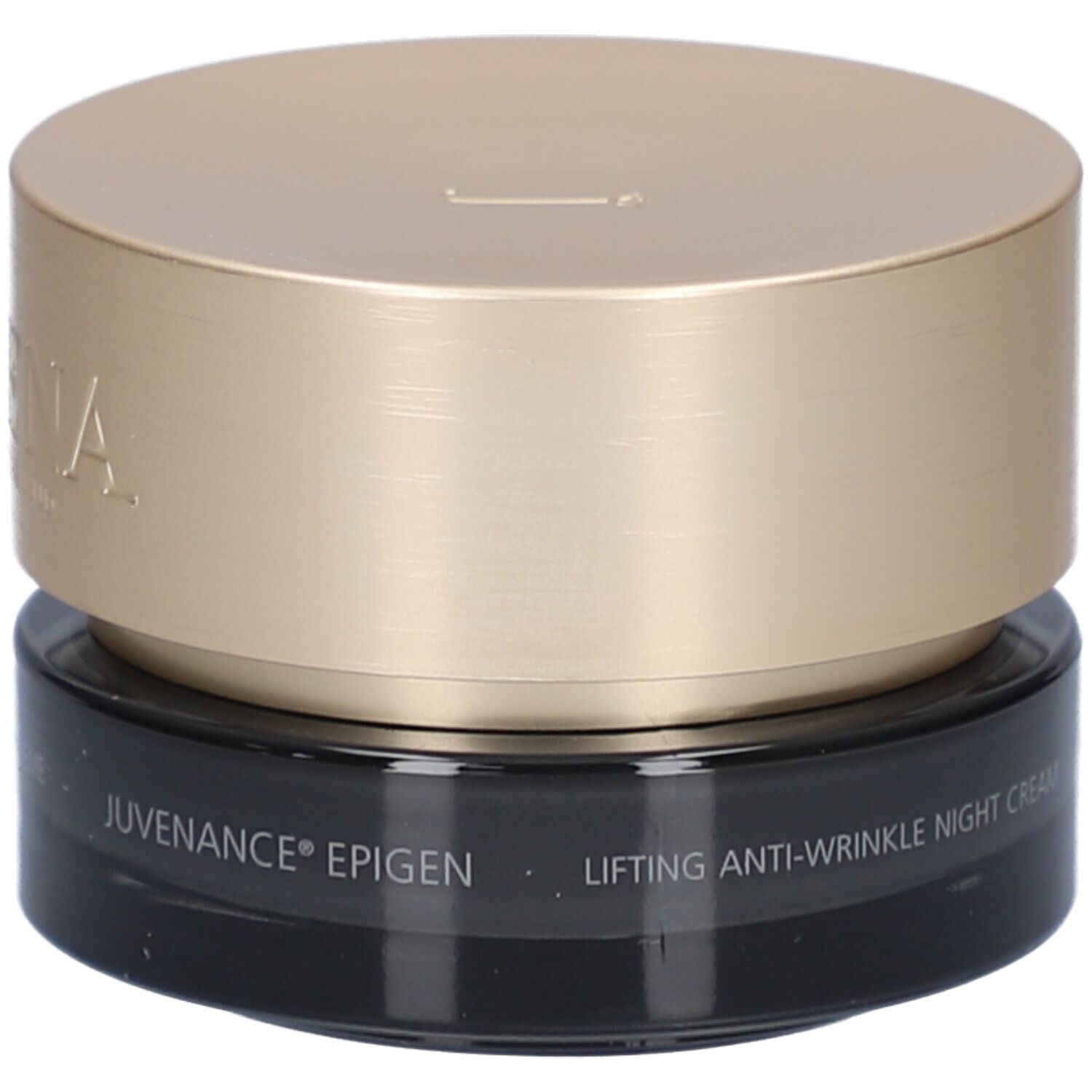 Crèmepot met gouden deksel. Opschrift: Juvenance Epigen, Lifting Anti-Wrinkle Night Cream.
