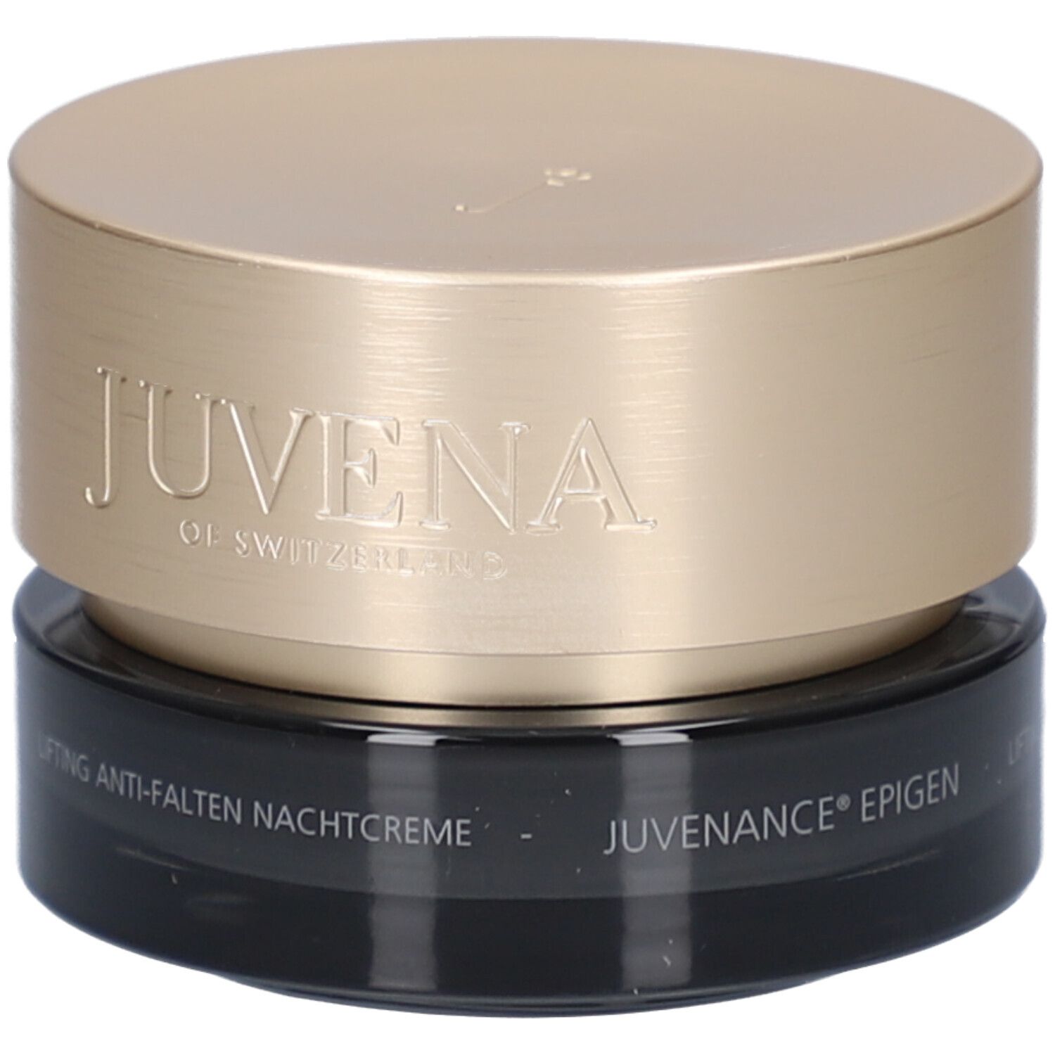 Crèmepot met gouden deksel. Opschrift: Juvena of Switzerland, Juvenance Epigen, Lifting Anti-Falten Nachtcreme.