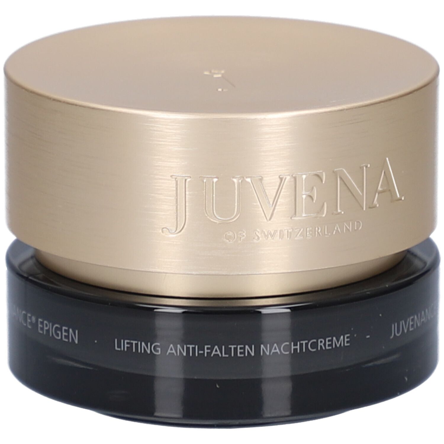 Crèmepot met gouden deksel. Opschrift: Juvena of Switzerland, Juvenance Epigen, Lifting Anti-Falten Nachtcreme.