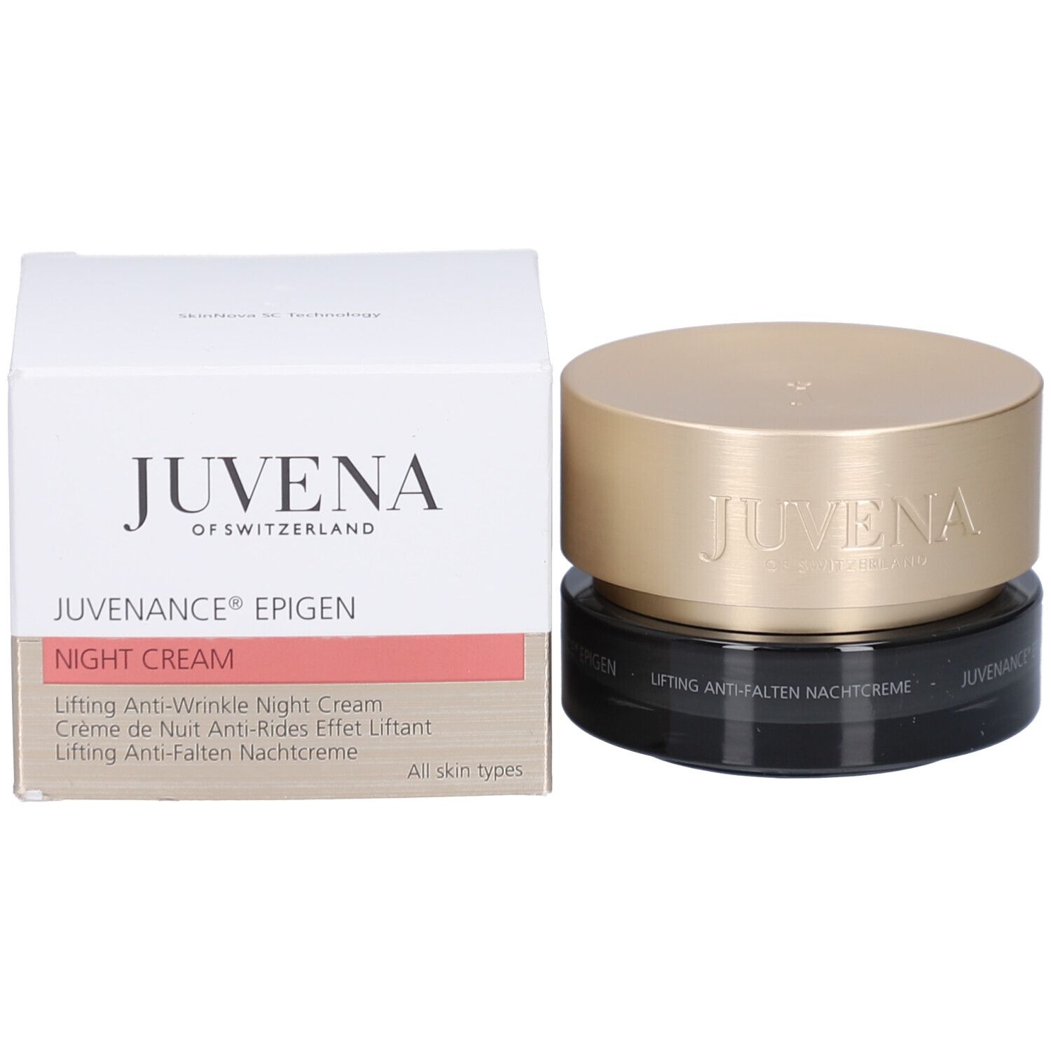 Product met verpakking. Crèmepot en doos. Opschrift: Juvena, Juvenance Epigen, Night Cream.