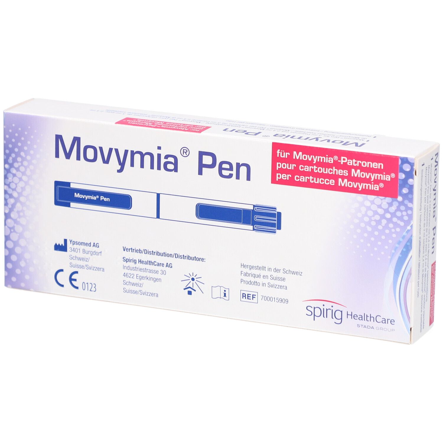 Boîte Movymia Pen. Carton blanc avec texte bleu et rouge. Contient un stylo et un mode d'emploi. Marquage CE.