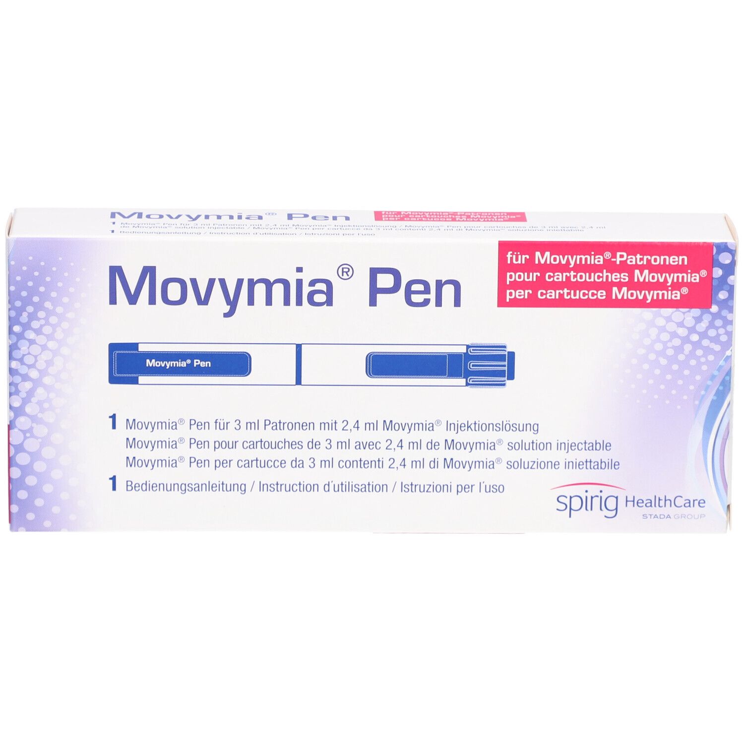 Boîte Movymia Pen. Carton blanc avec texte bleu et rouge. Contient un stylo et un mode d'emploi.