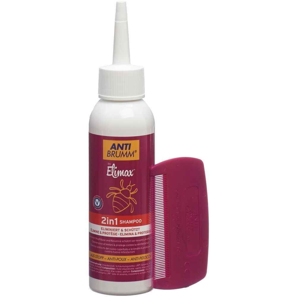 Fles en kam van ANTI BRUMM® Elimax 2in1 Shampoo. Witte fles met rood etiket. Rode kam.