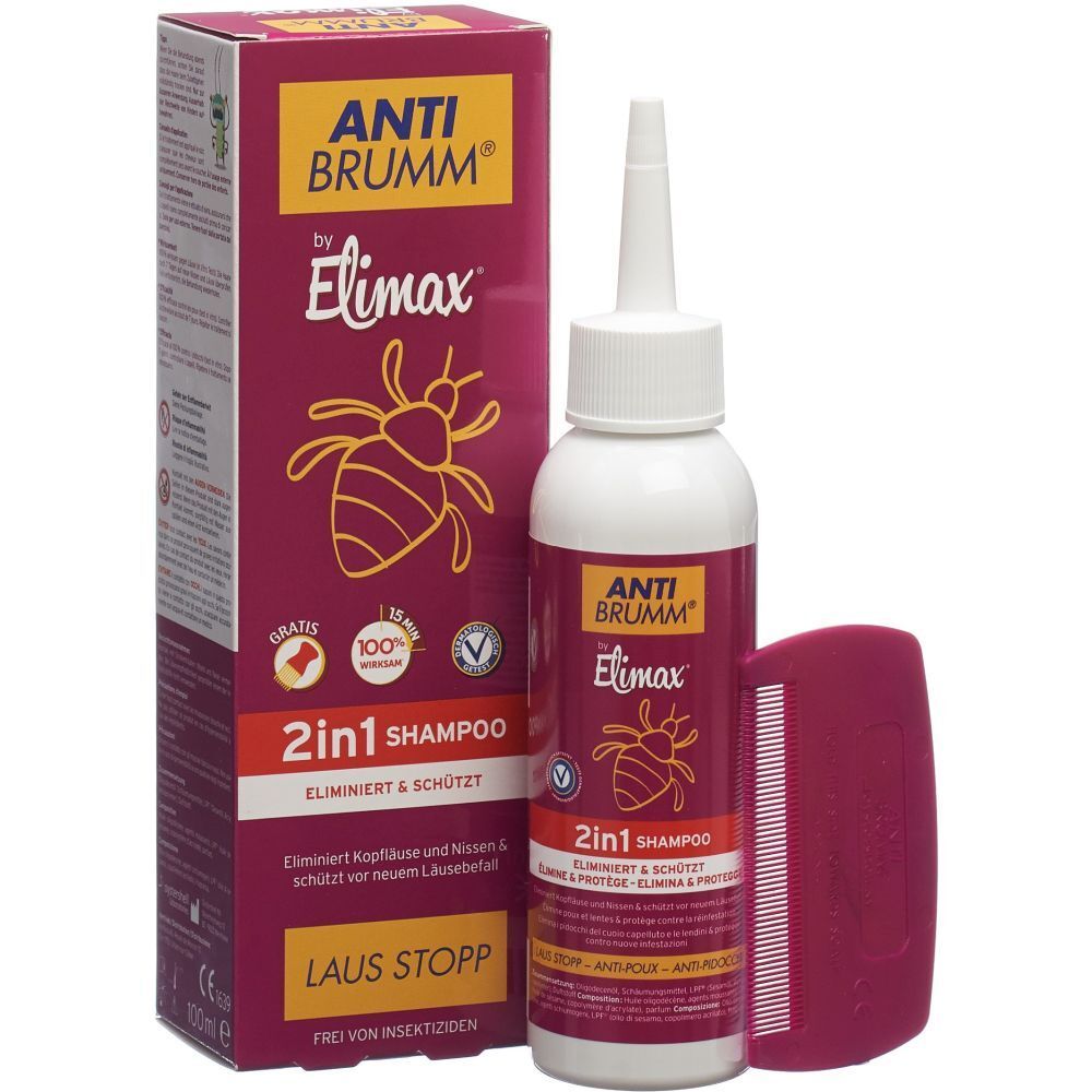 Verpakking, fles en kam van ANTI BRUMM® Elimax 2in1 Shampoo. Rode en gele elementen. Tekst: ANTI BRUMM, Elimax, 2in1 Shampoo.