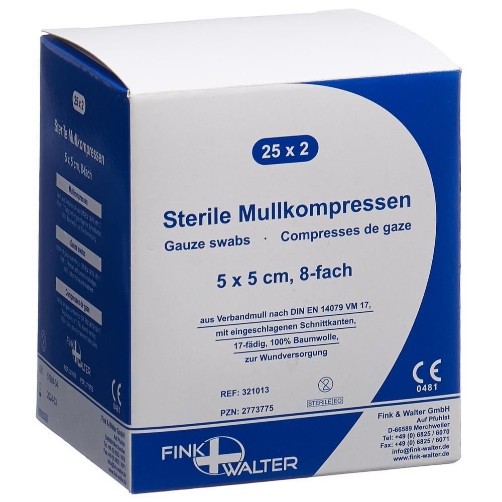 Verpakking met steriele gaaskompressen. Afmeting 5x5 cm, 8-voudig. Opschrift: 25 x 2, CE-markering. Fabrikant: Fink & Walter.
